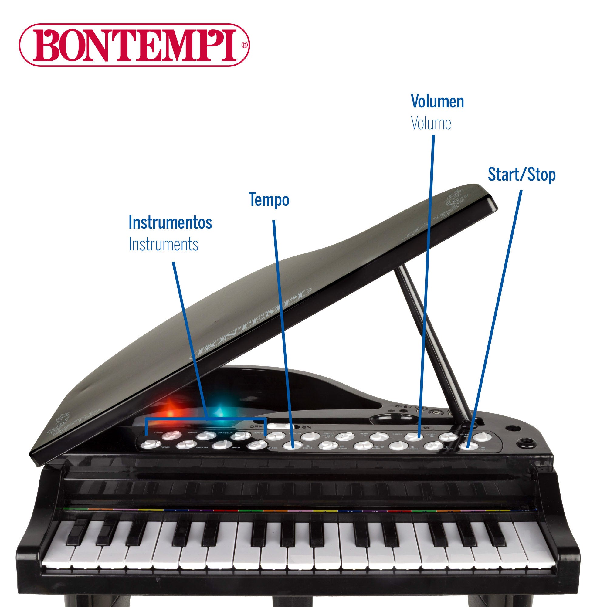 Piano de brinquedo Bontempi com 32 teclas, microfone e banquinho para crianças.
