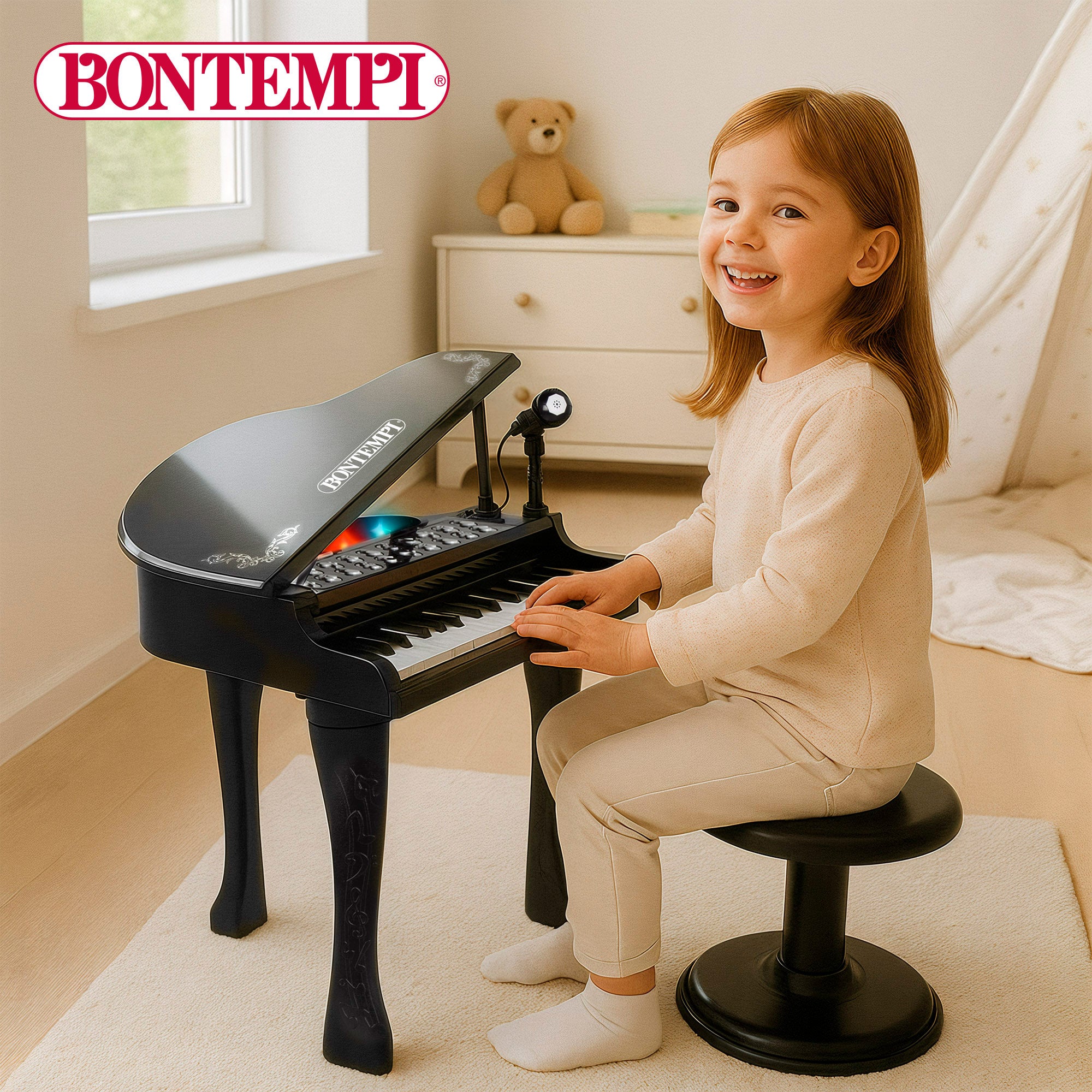 Piano de brinquedo Bontempi com 32 teclas, microfone e banquinho para crianças.