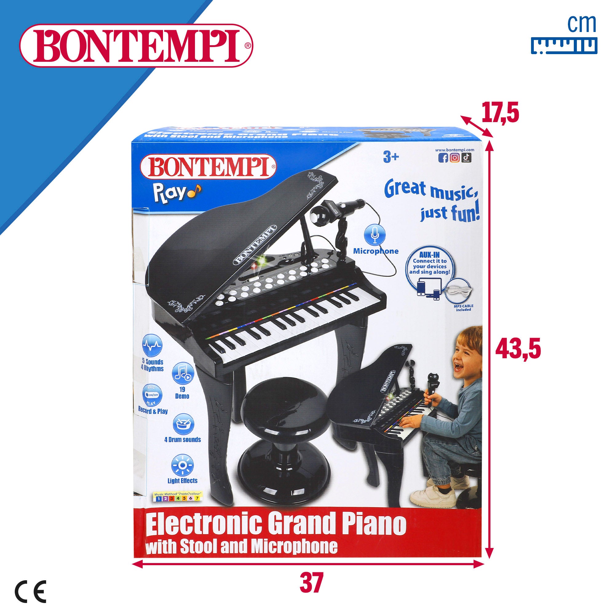 Piano de brinquedo Bontempi com 32 teclas, microfone e banquinho para crianças.