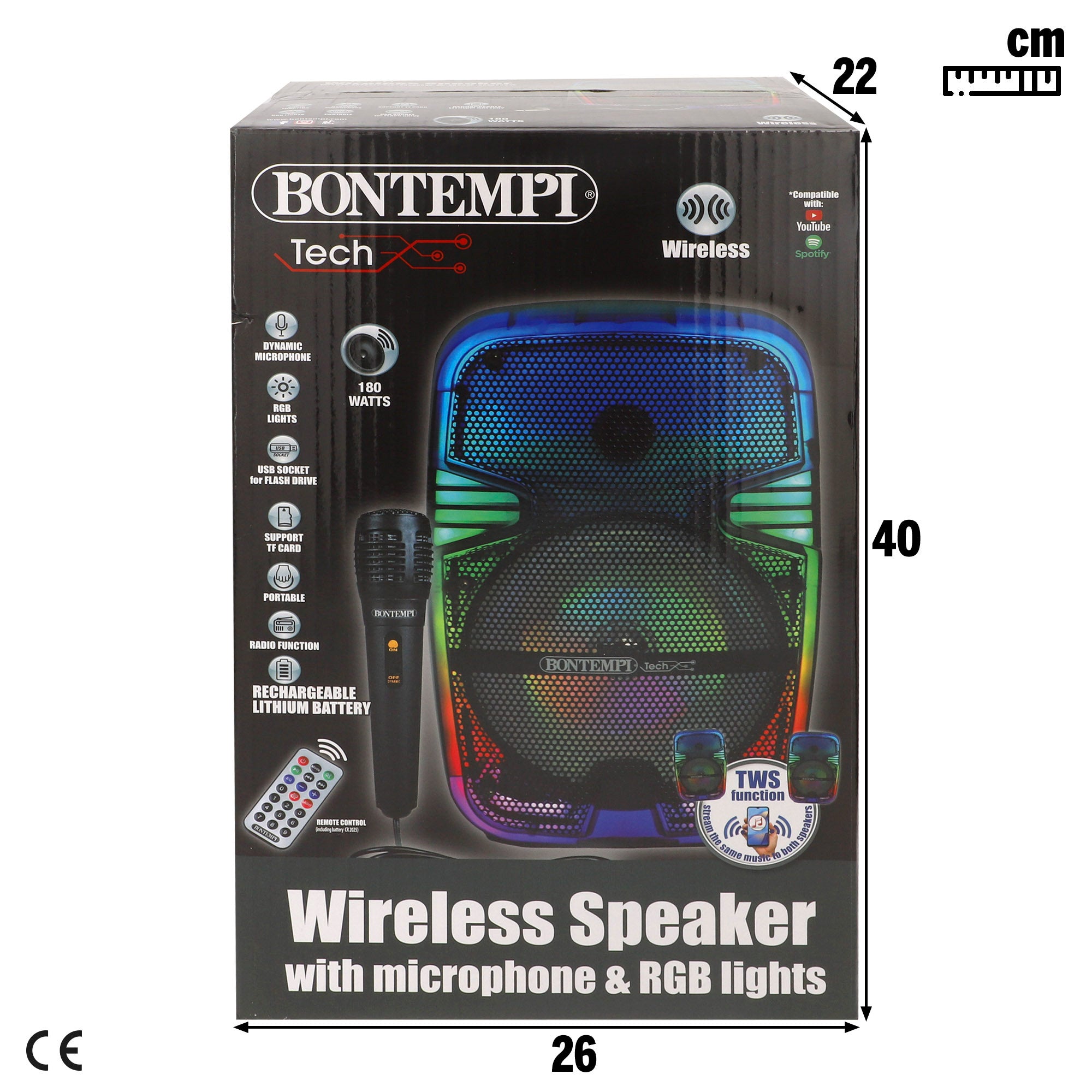 Coluna de som sem fios Bontempi de 180 W com karaoke e 1 microfone.