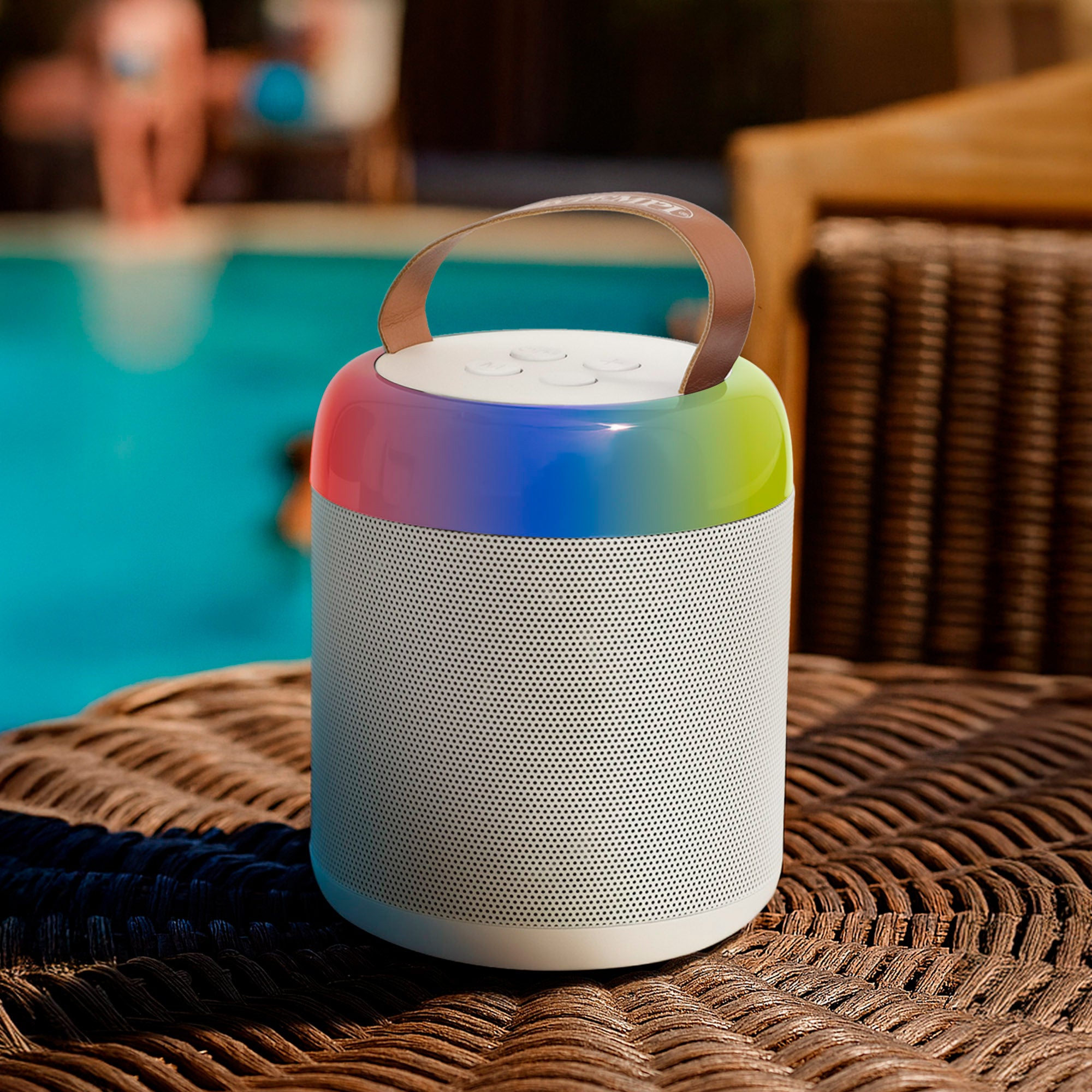 Mini coluna sem fios Bontempi de 80 W na cor branca com microfone e luzes.