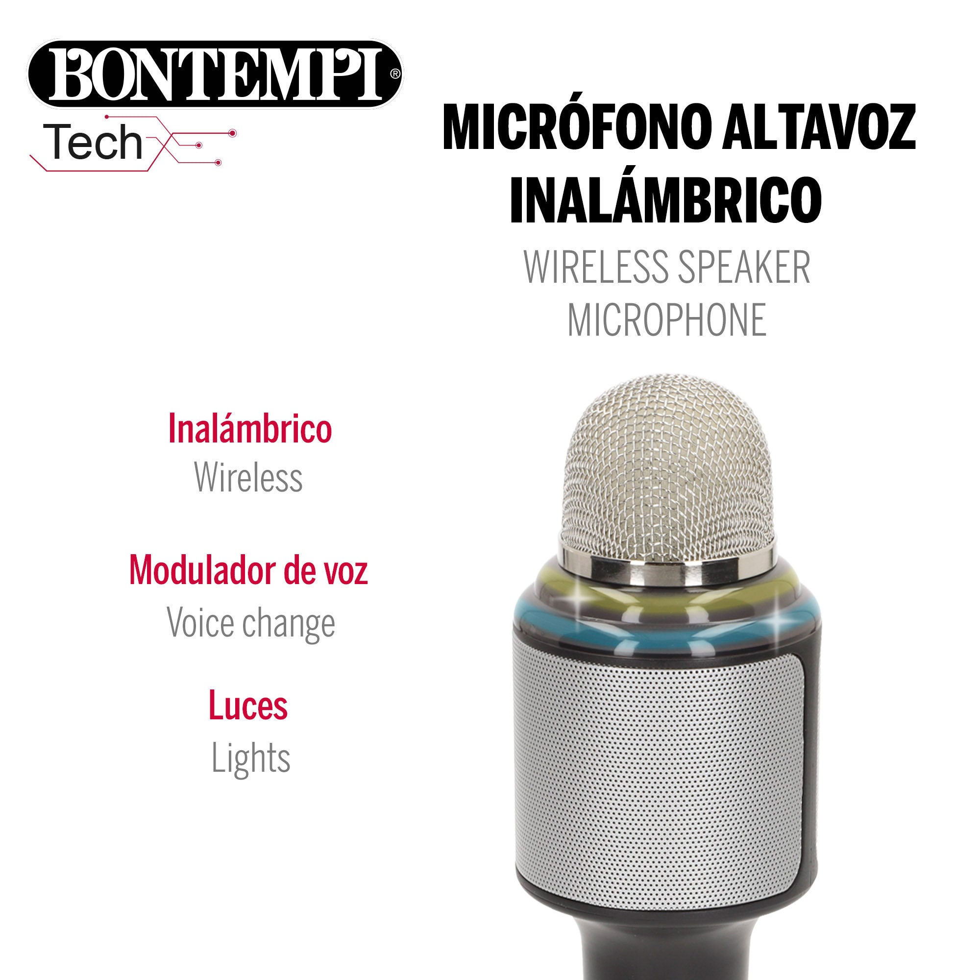 Microfone de karaoke sem fios Bontempi com altifalante e luzes