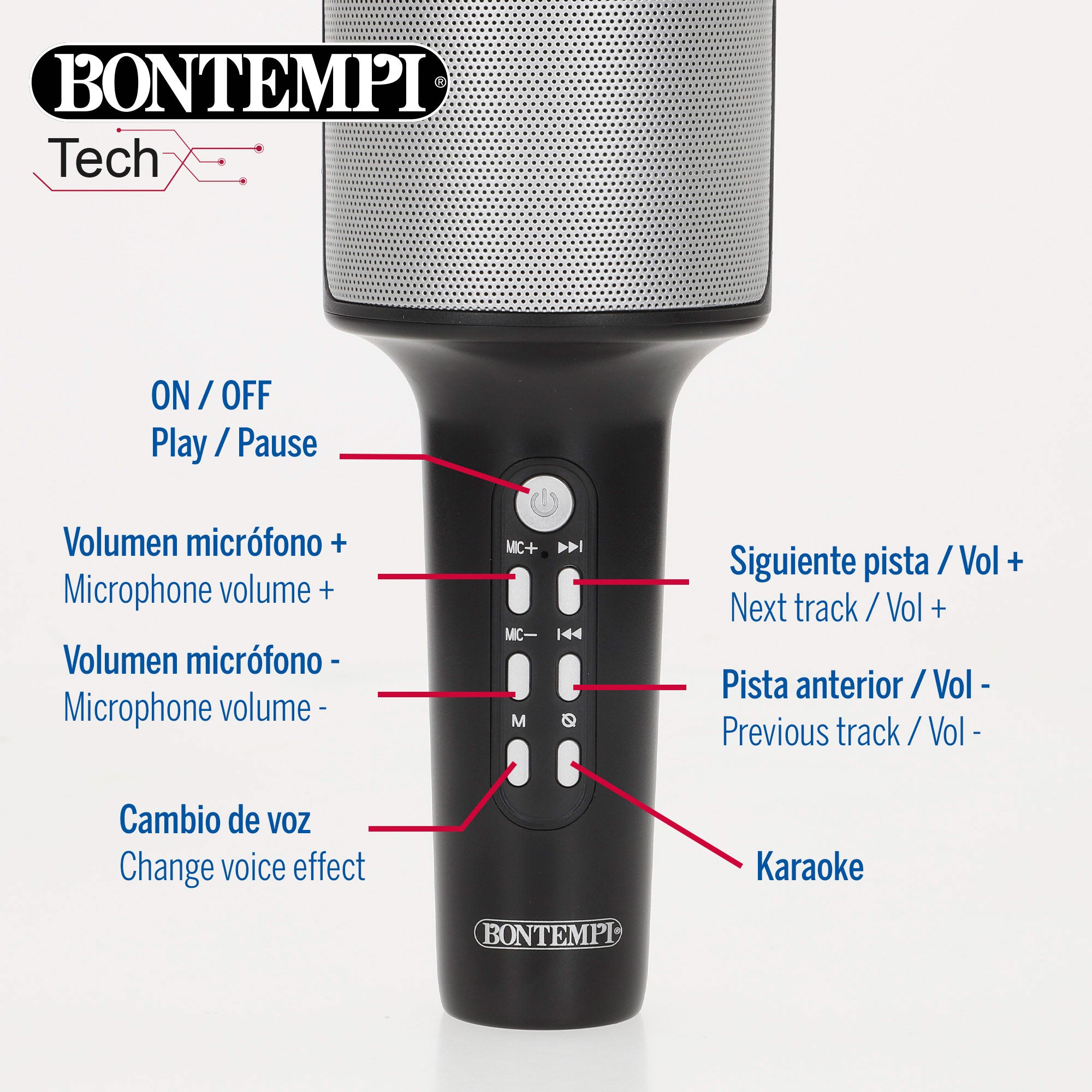 Microfone de karaoke sem fios Bontempi com altifalante e luzes