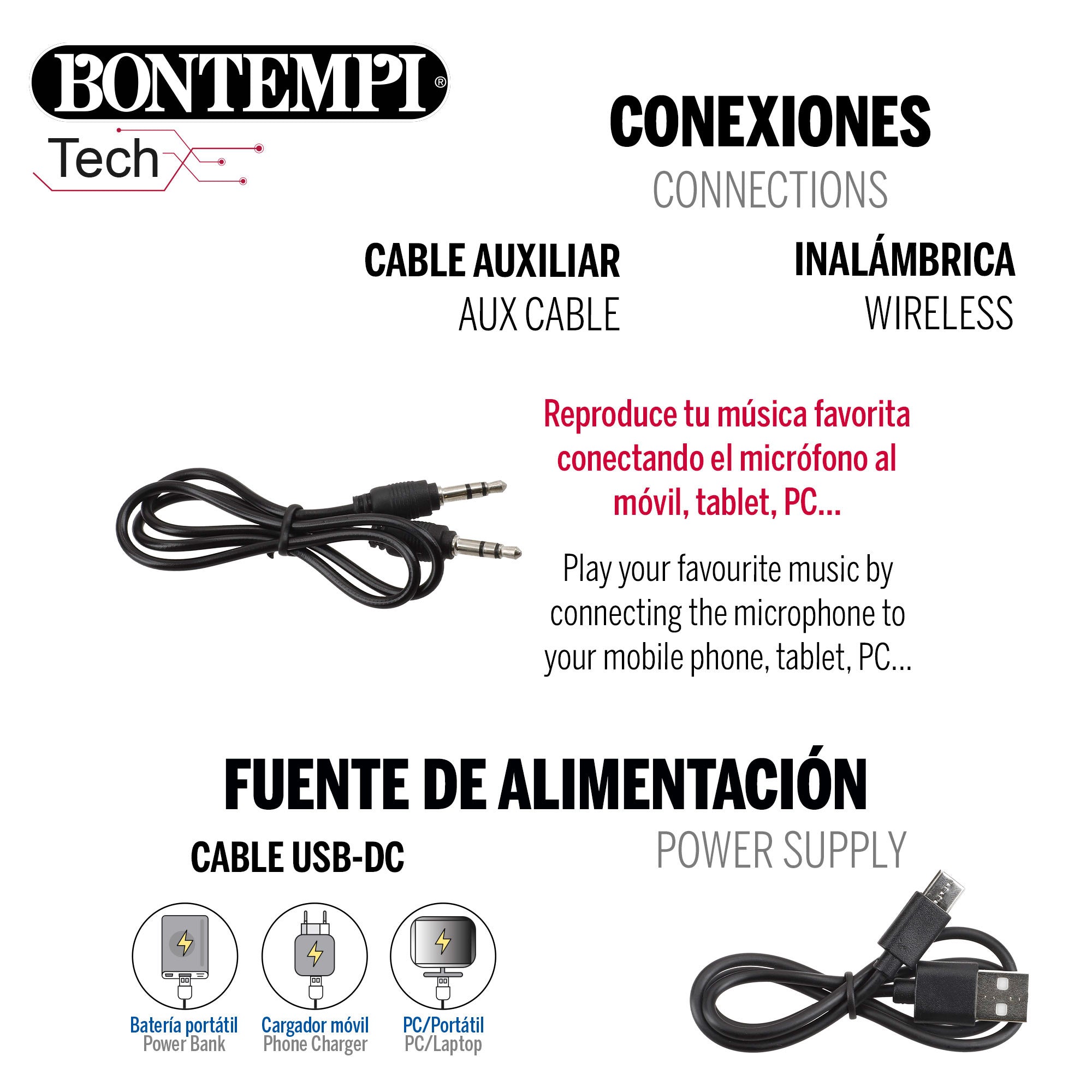 Microfone de karaoke sem fios Bontempi com altifalante e luzes