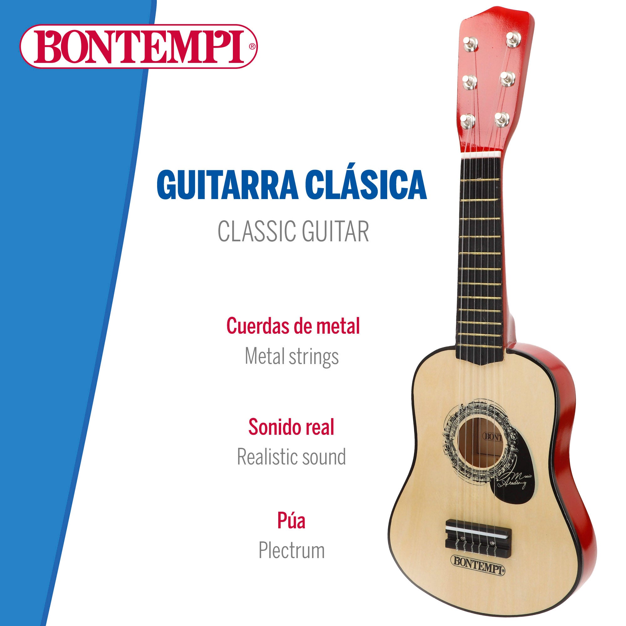 Guitarra de brinquedo clássica em madeira, 55 cm, com pega Bontempi