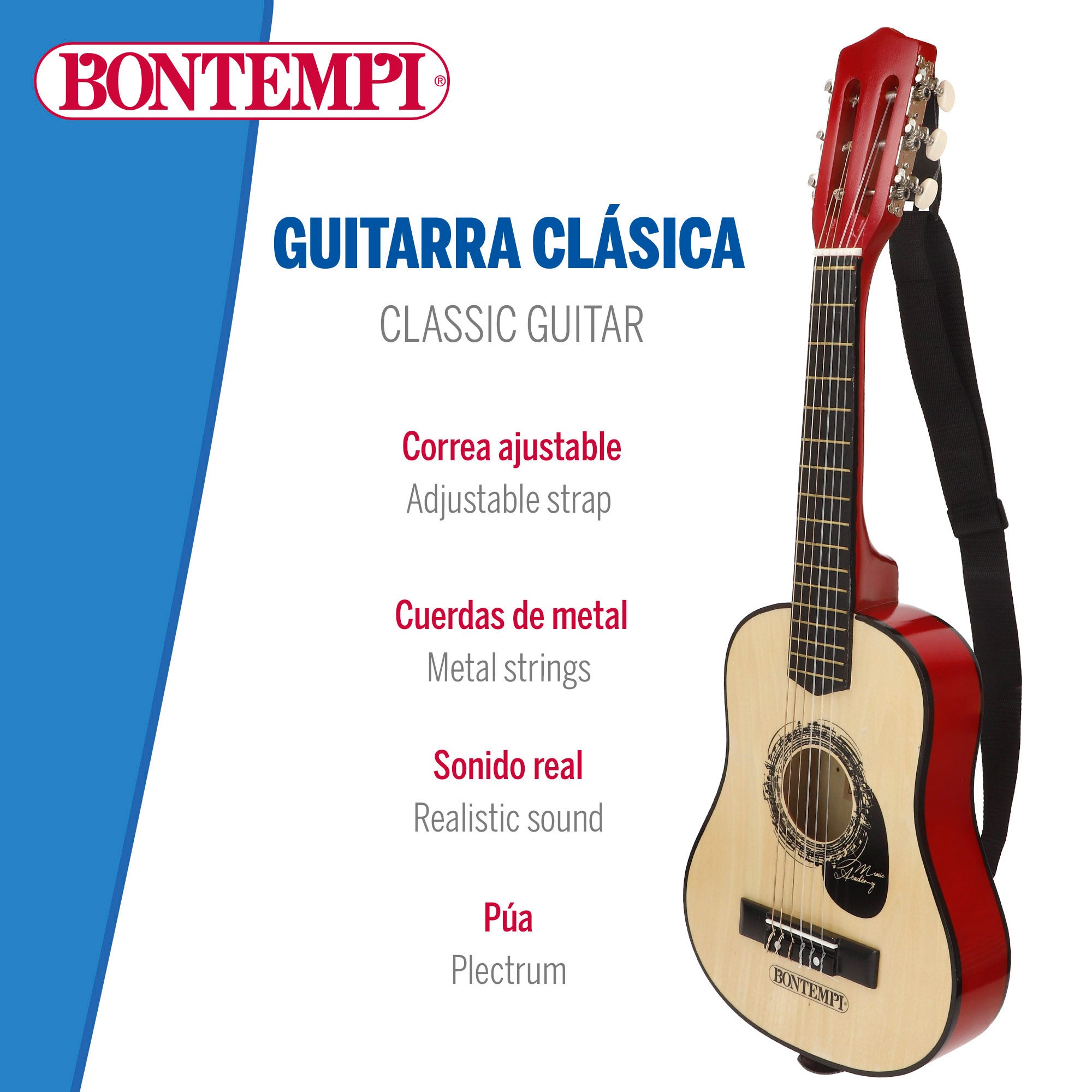 Guitarra de brinquedo clássica de madeira de 75 cm com pega Bontempi