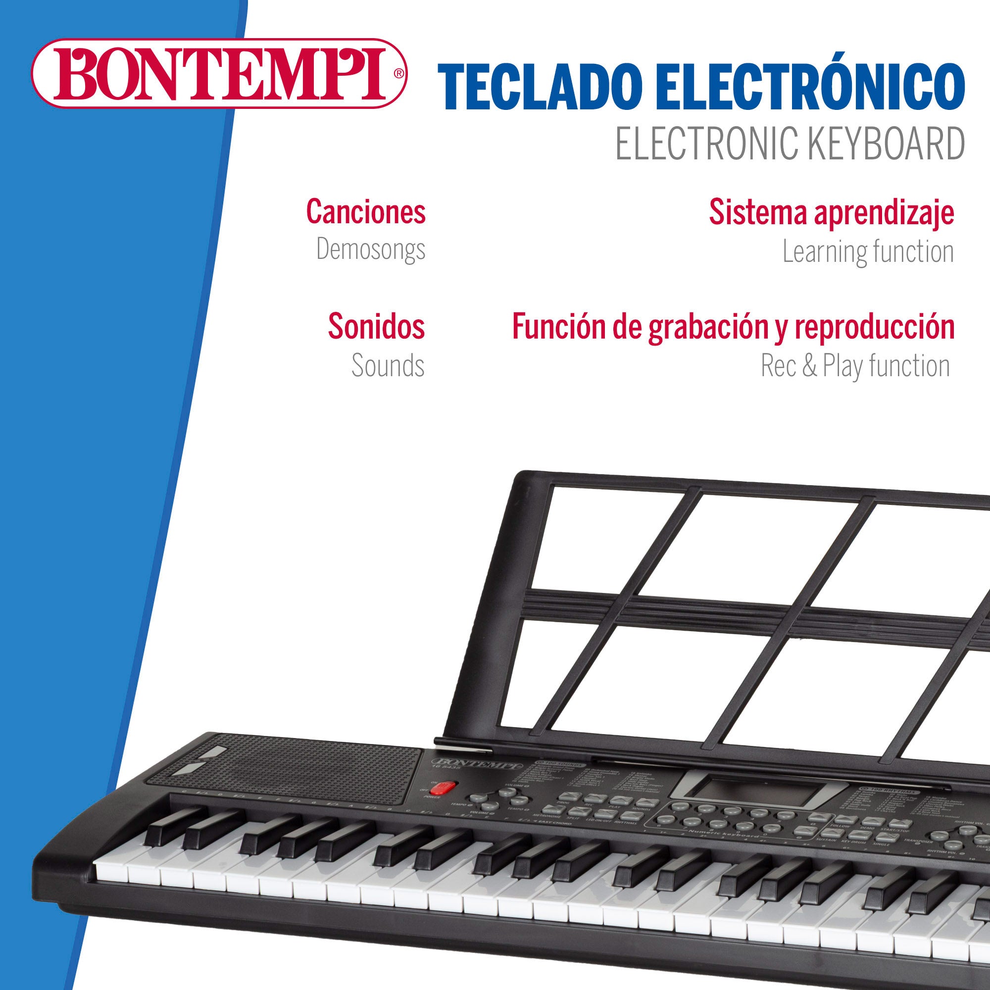 Teclado digital Bontempi de 54 teclas com suporte e pés.