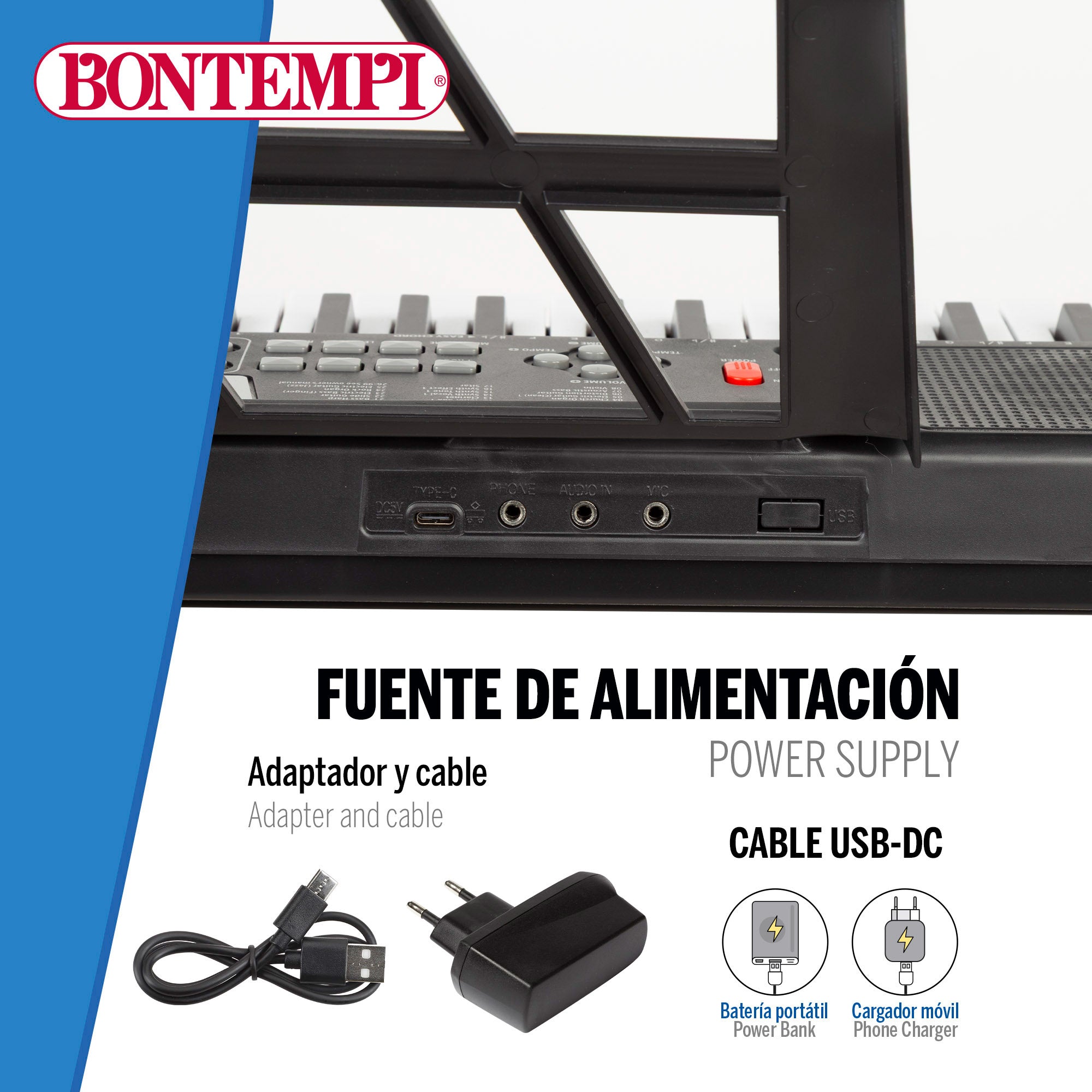 Teclado digital Bontempi de 54 teclas com suporte e pés.