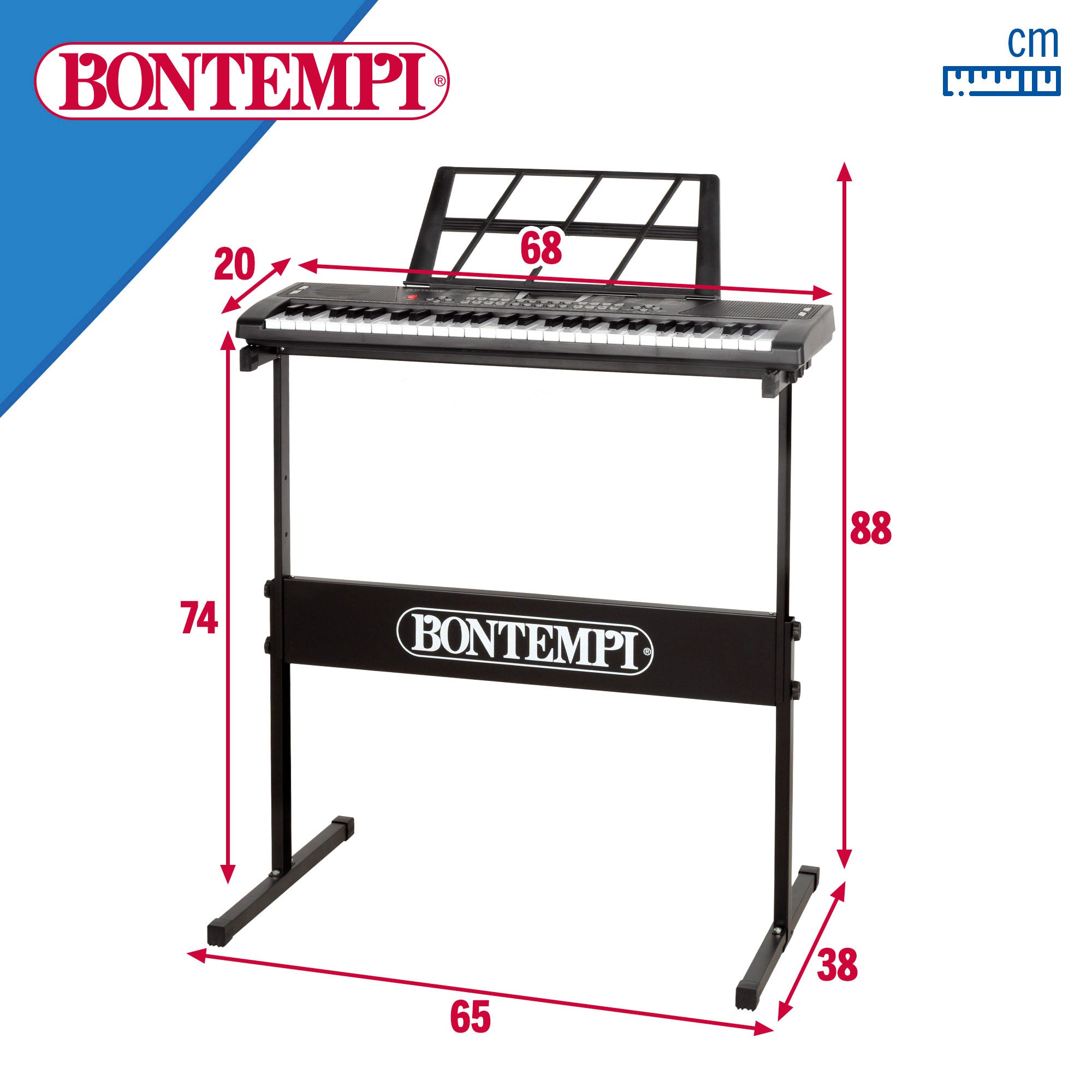 Teclado digital Bontempi de 54 teclas com suporte e pés.
