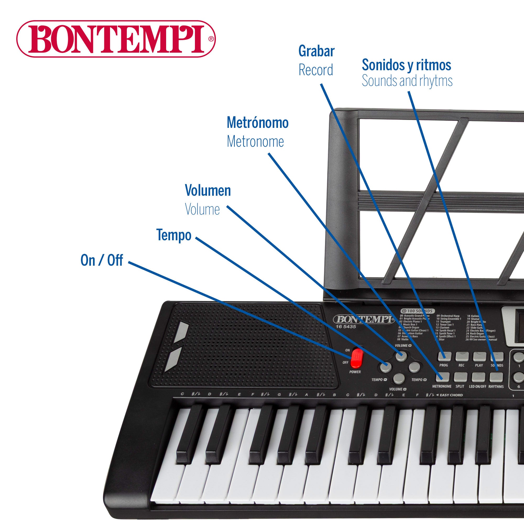 Teclado digital Bontempi de 54 teclas com suporte e pés.