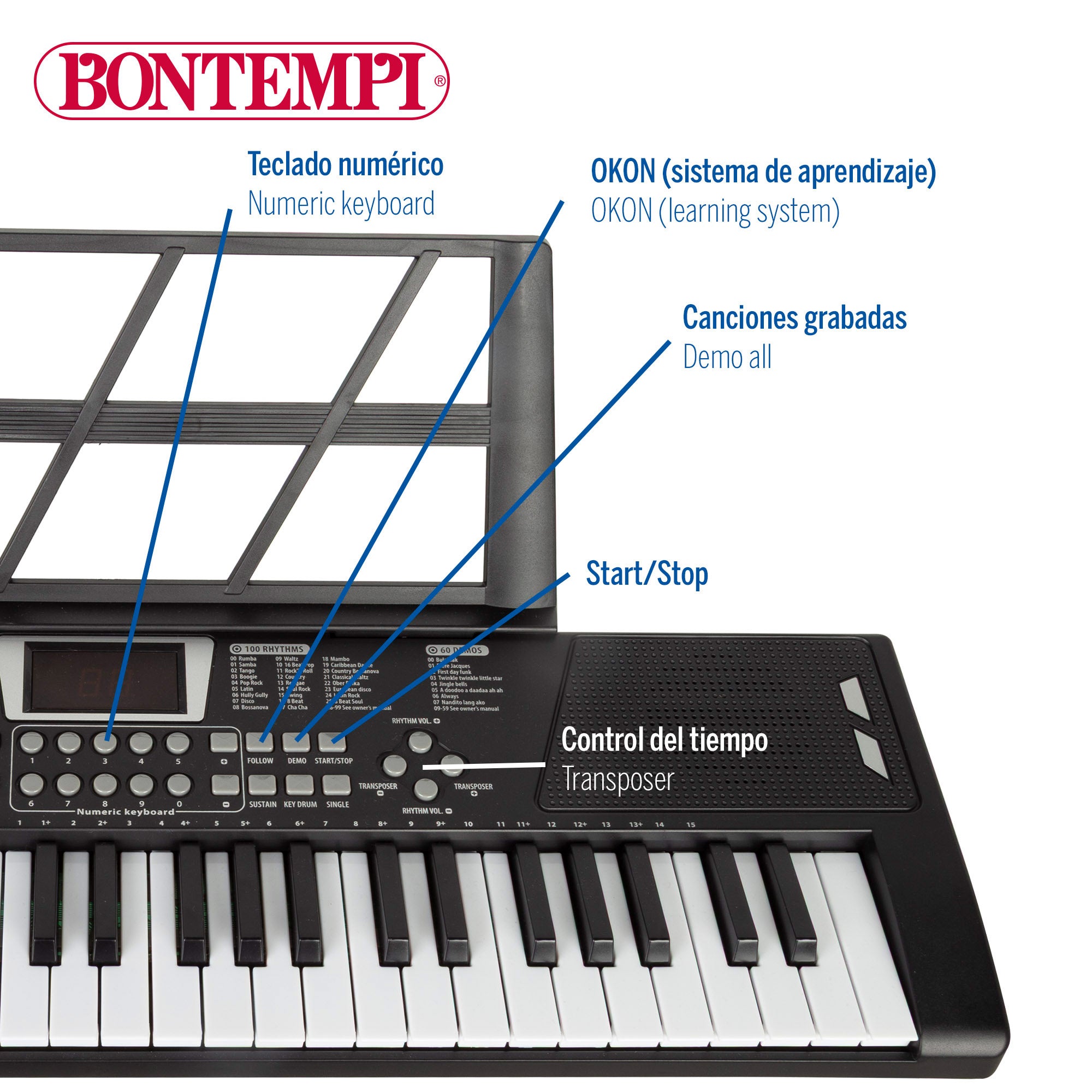 Teclado digital Bontempi de 54 teclas com suporte e pés.