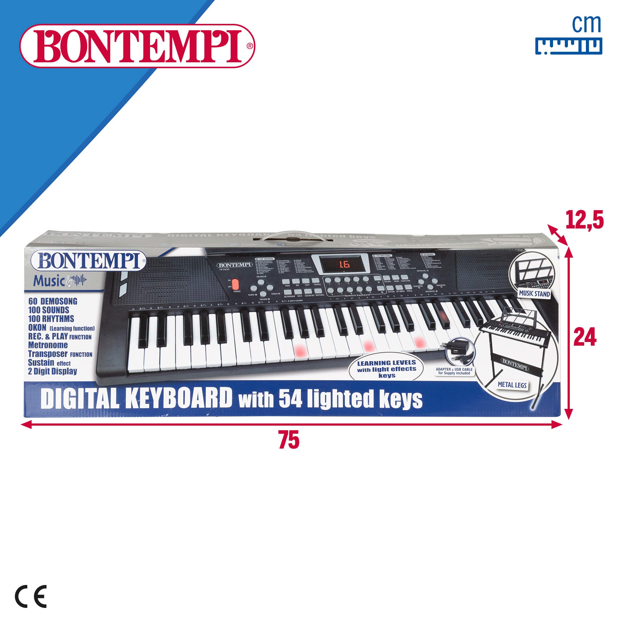 Teclado digital Bontempi de 54 teclas com suporte e pés.