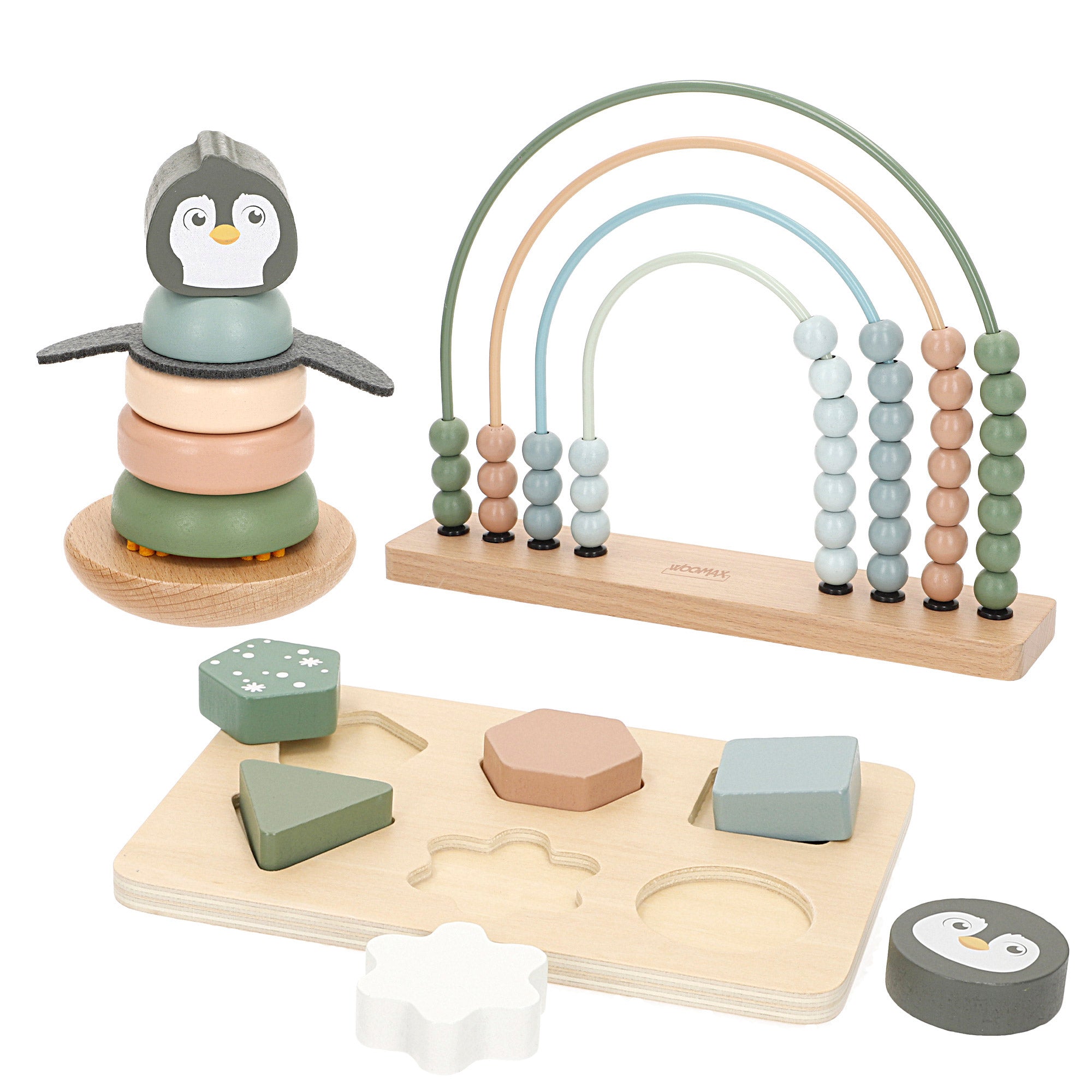 Conjunto WOOMAX com 3 brinquedos de madeira para bebé