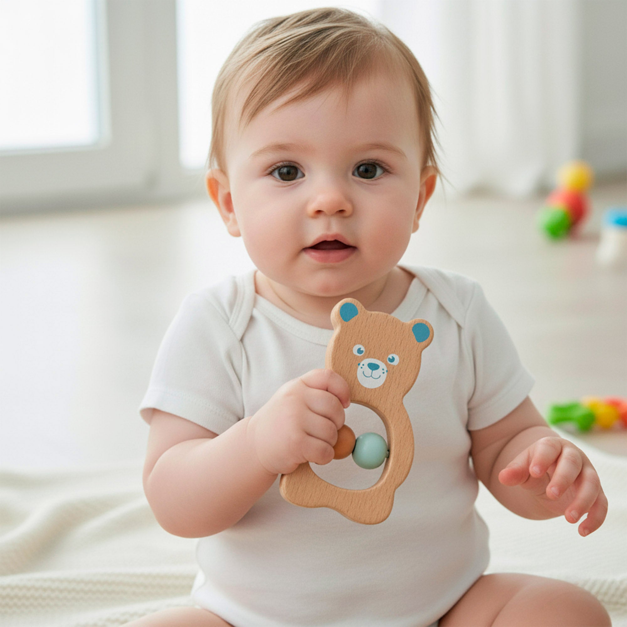 Conjunto WOOMAX com 4 chocalhos de madeira para bebé recém-nascido