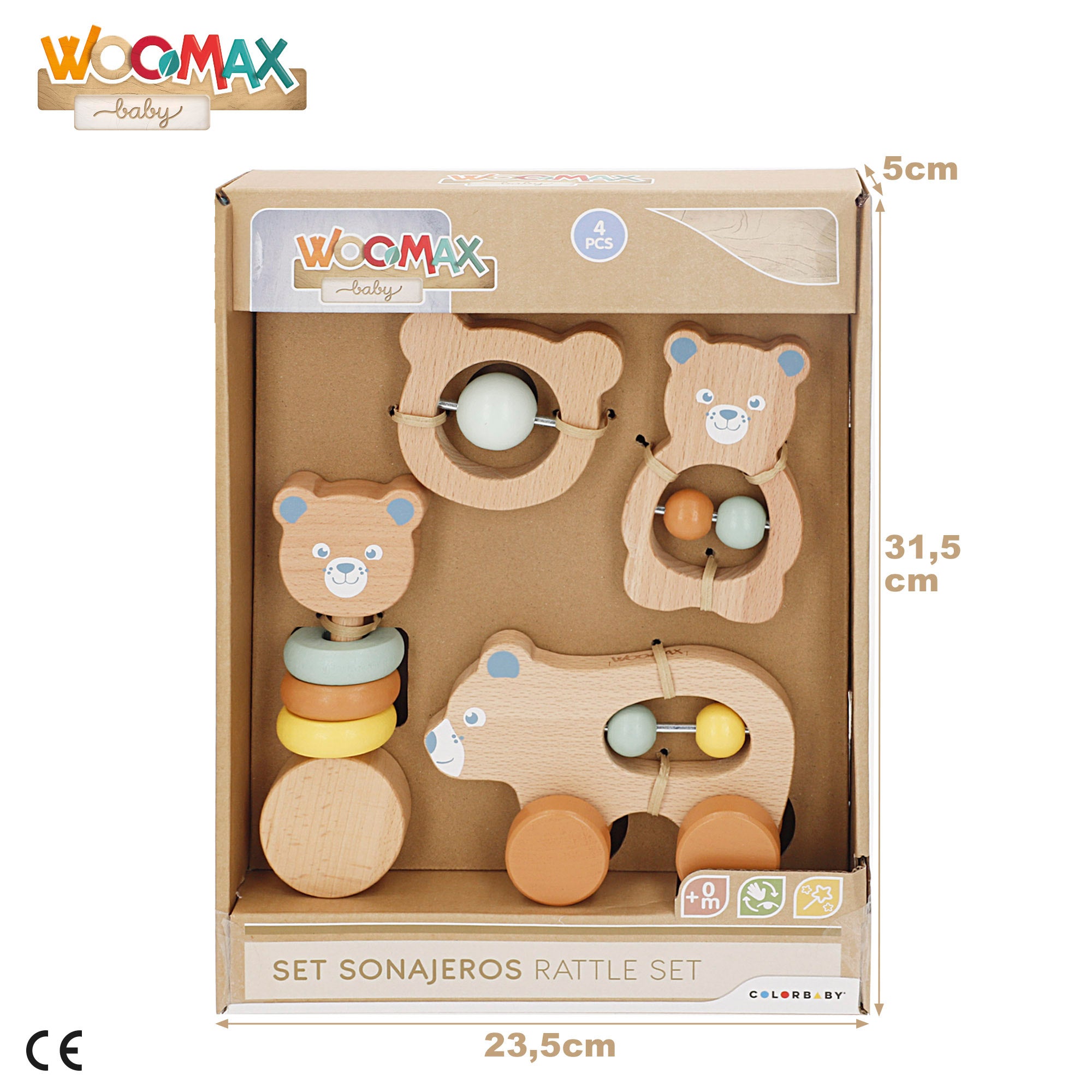 Conjunto WOOMAX com 4 chocalhos de madeira para bebé recém-nascido