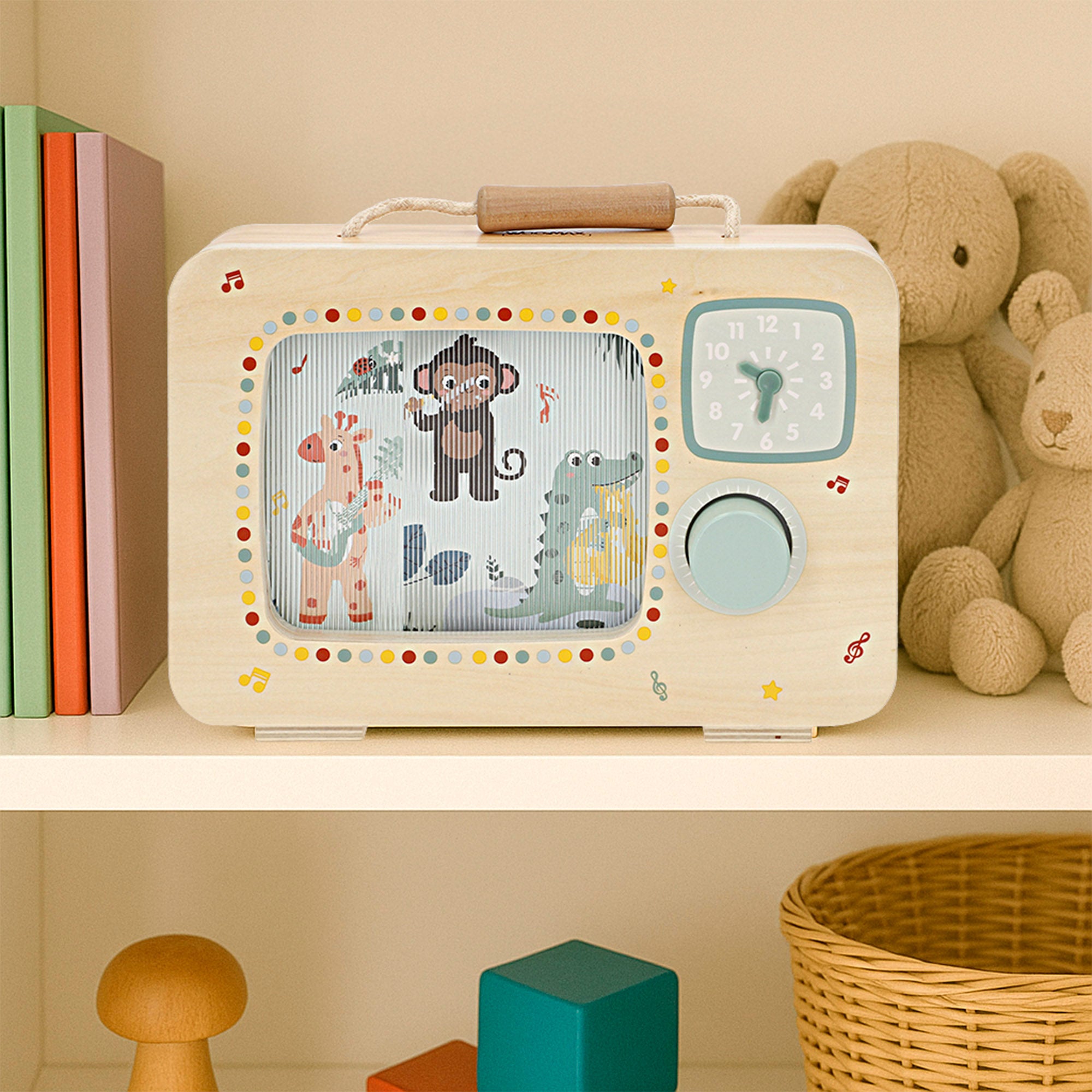 Televisão interativa WOOMAX em madeira com relógio