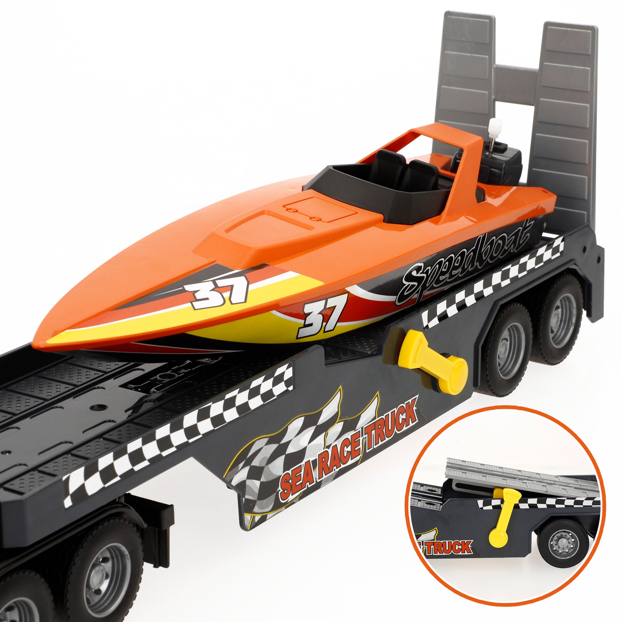 Camião de transporte com luz e som à escala 1:14 + Barco de brinquedo Speed&amp; Go