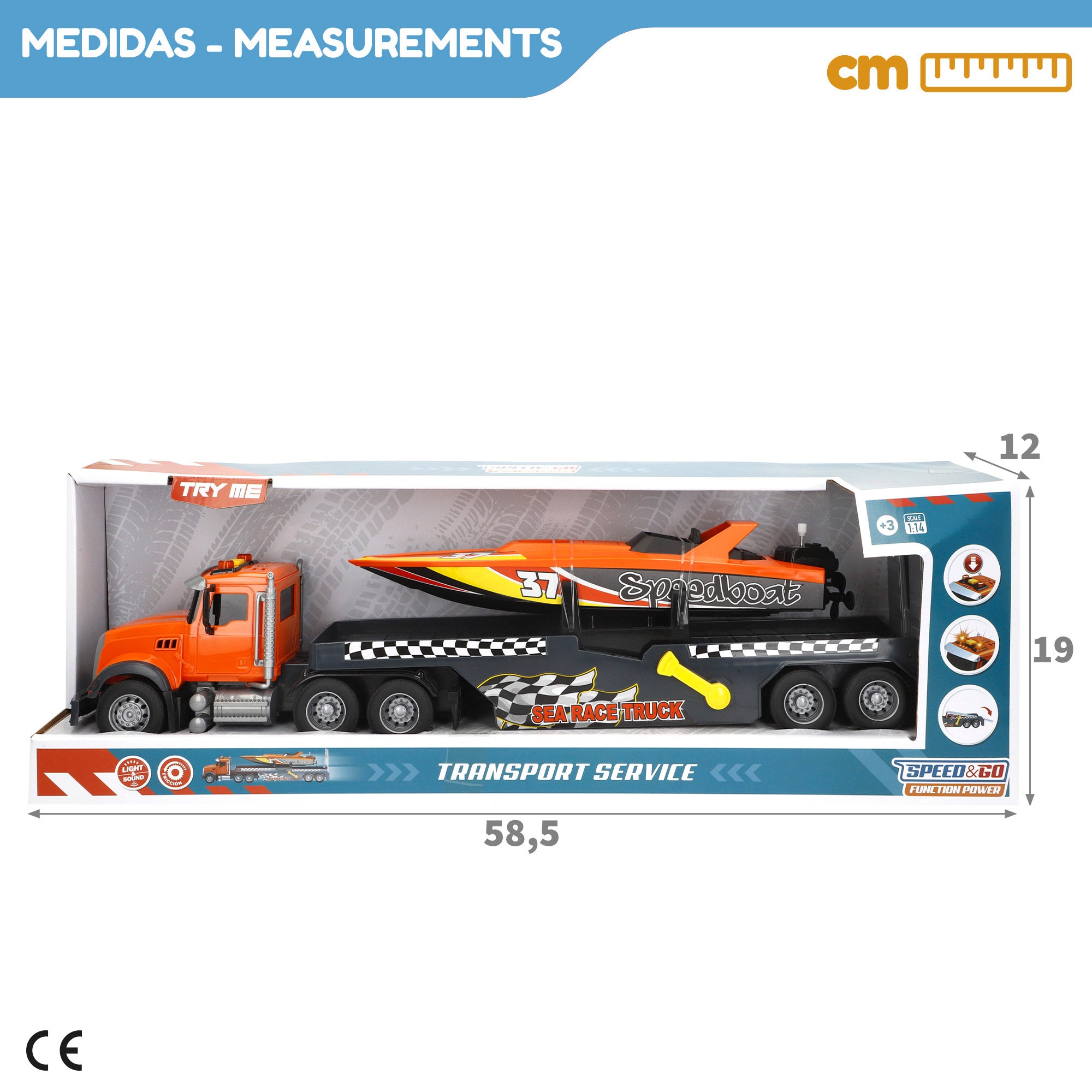 Camião de transporte com luz e som à escala 1:14 + Barco de brinquedo Speed&amp; Go