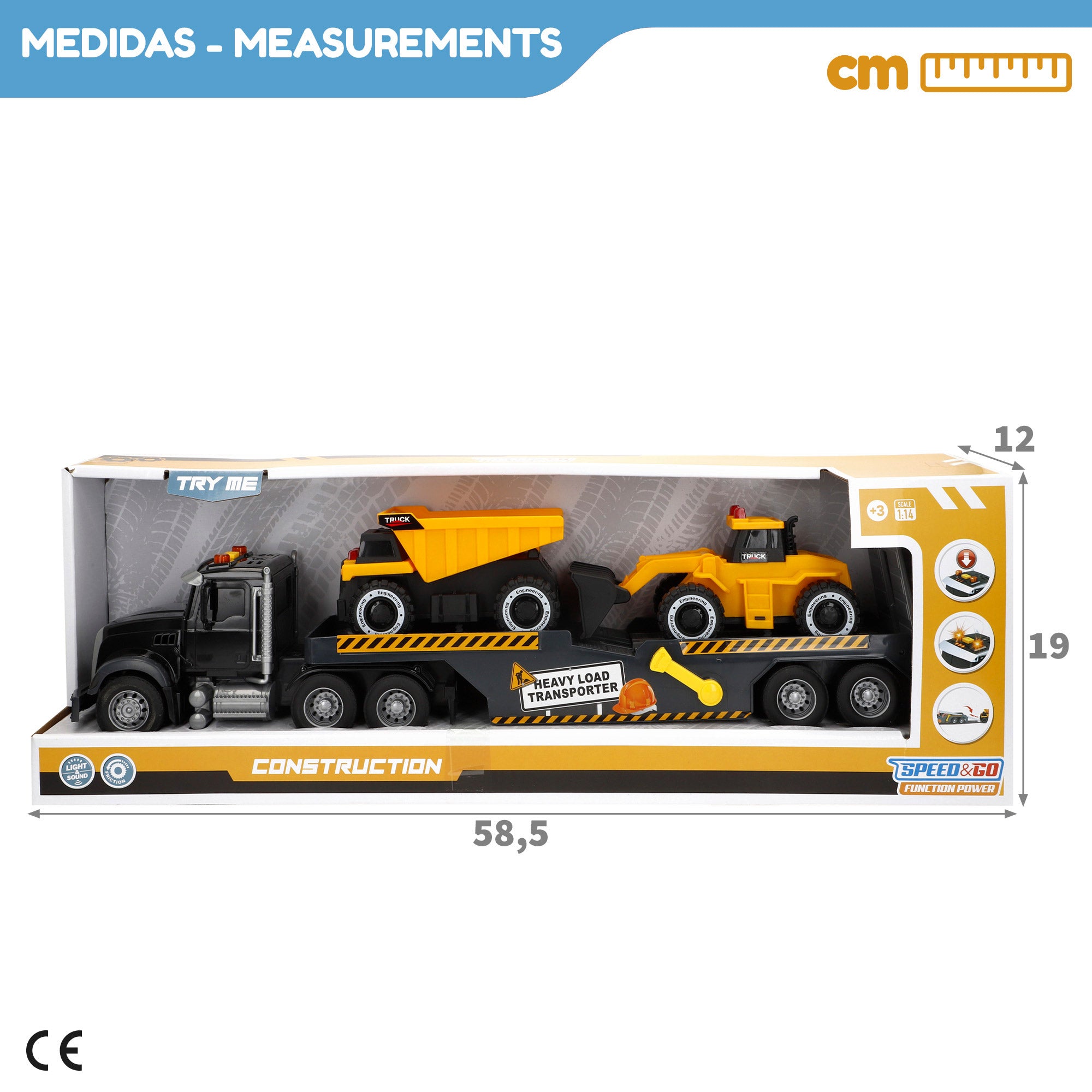 Camião de transporte com luz e som 1:14 + 2 veículos de construção Speed&amp; Go