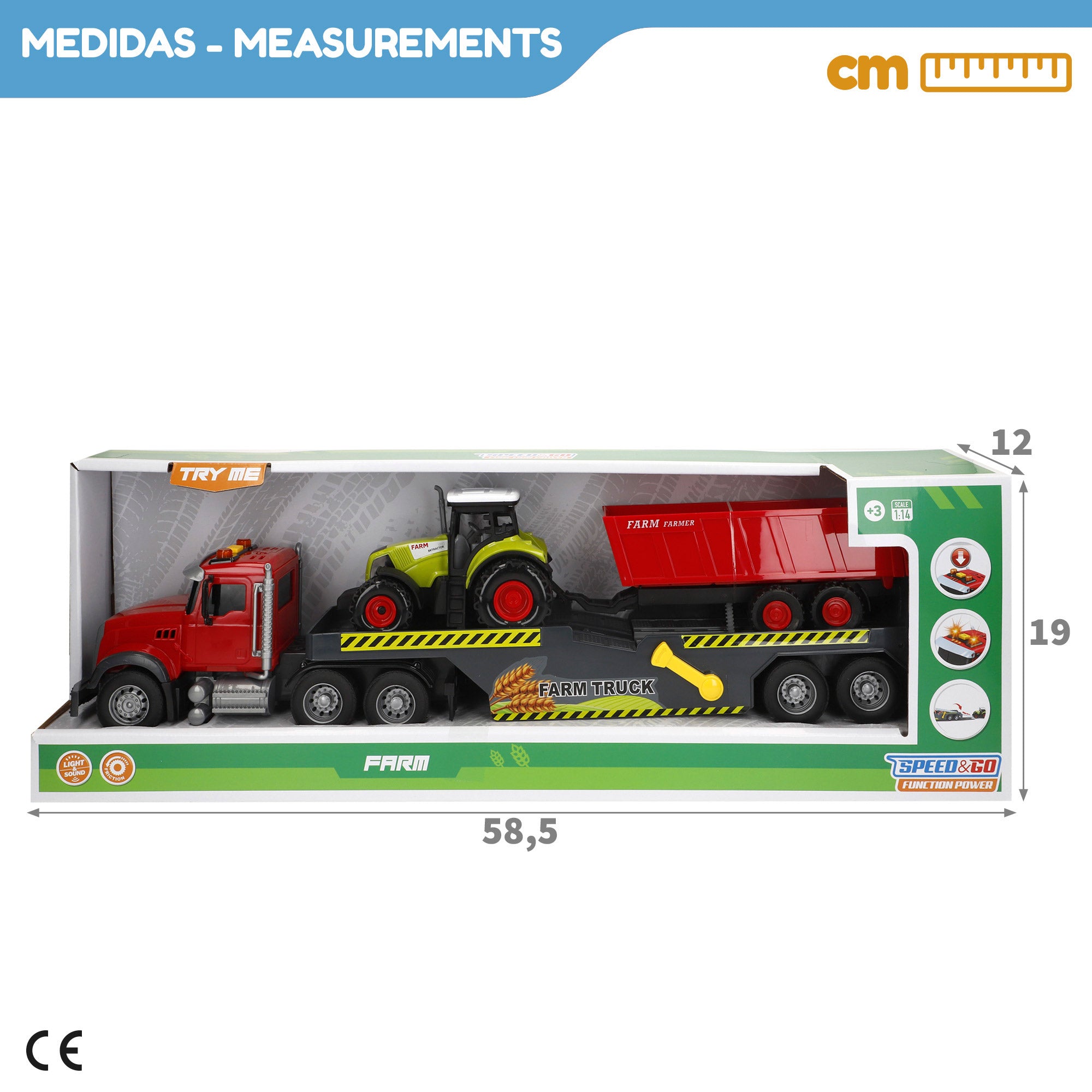 Camião de transporte agrícola à escala 1:14 com luzes e sons + trator e reboque Speed&amp; Go