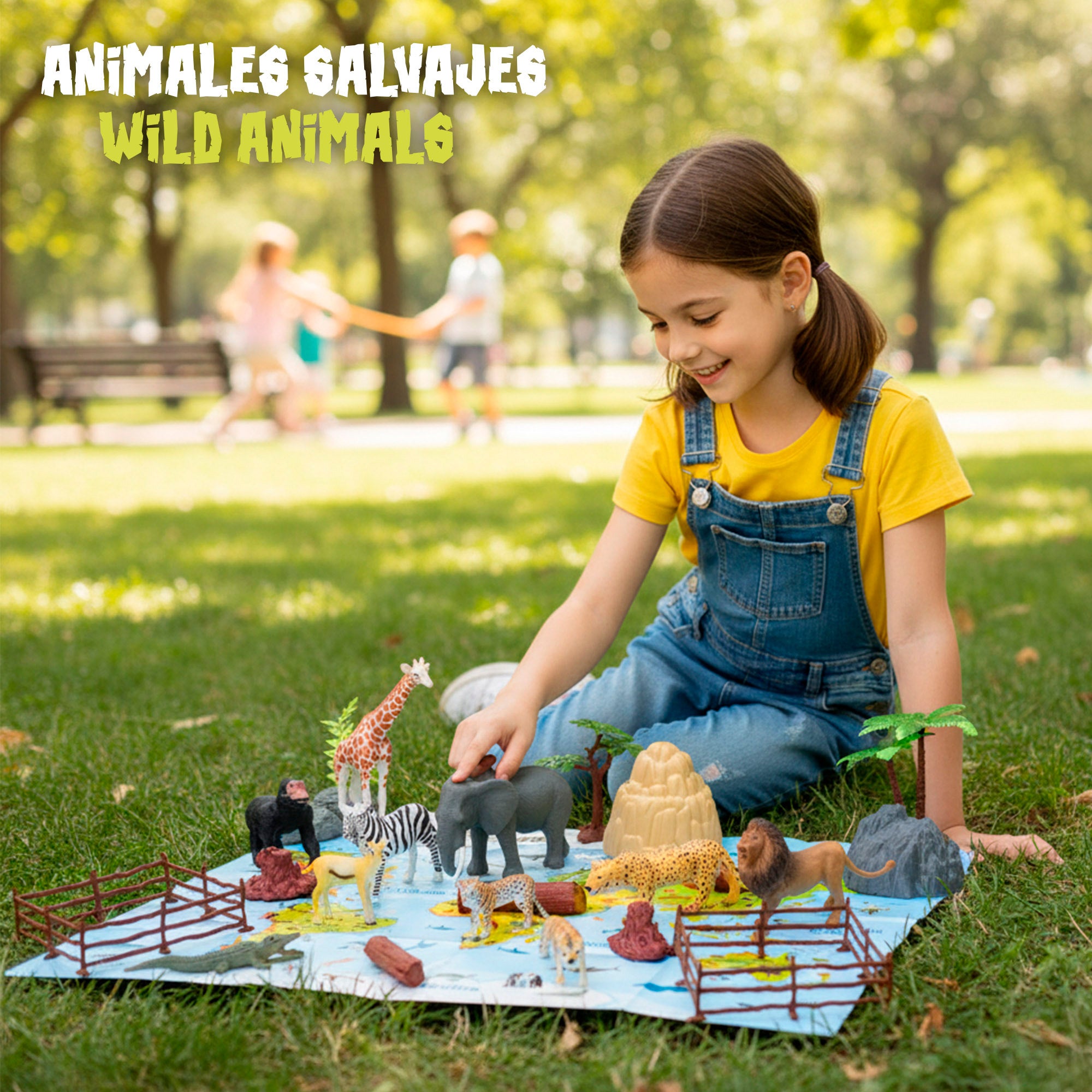 Conjunto de animais selvagens com tapete e acessórios, 30 peças. Mundo Animal.