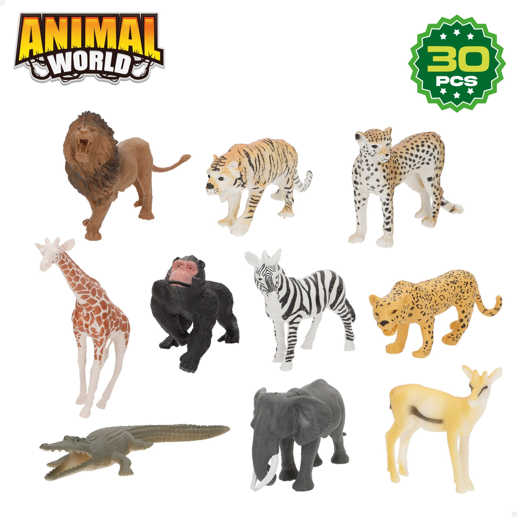 Conjunto de animais selvagens com tapete e acessórios, 30 peças. Mundo Animal.