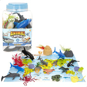 Conjunto de brinquedo com 30 peças de animais marinhos, incluindo tapete e acessórios. Mundo Animal.