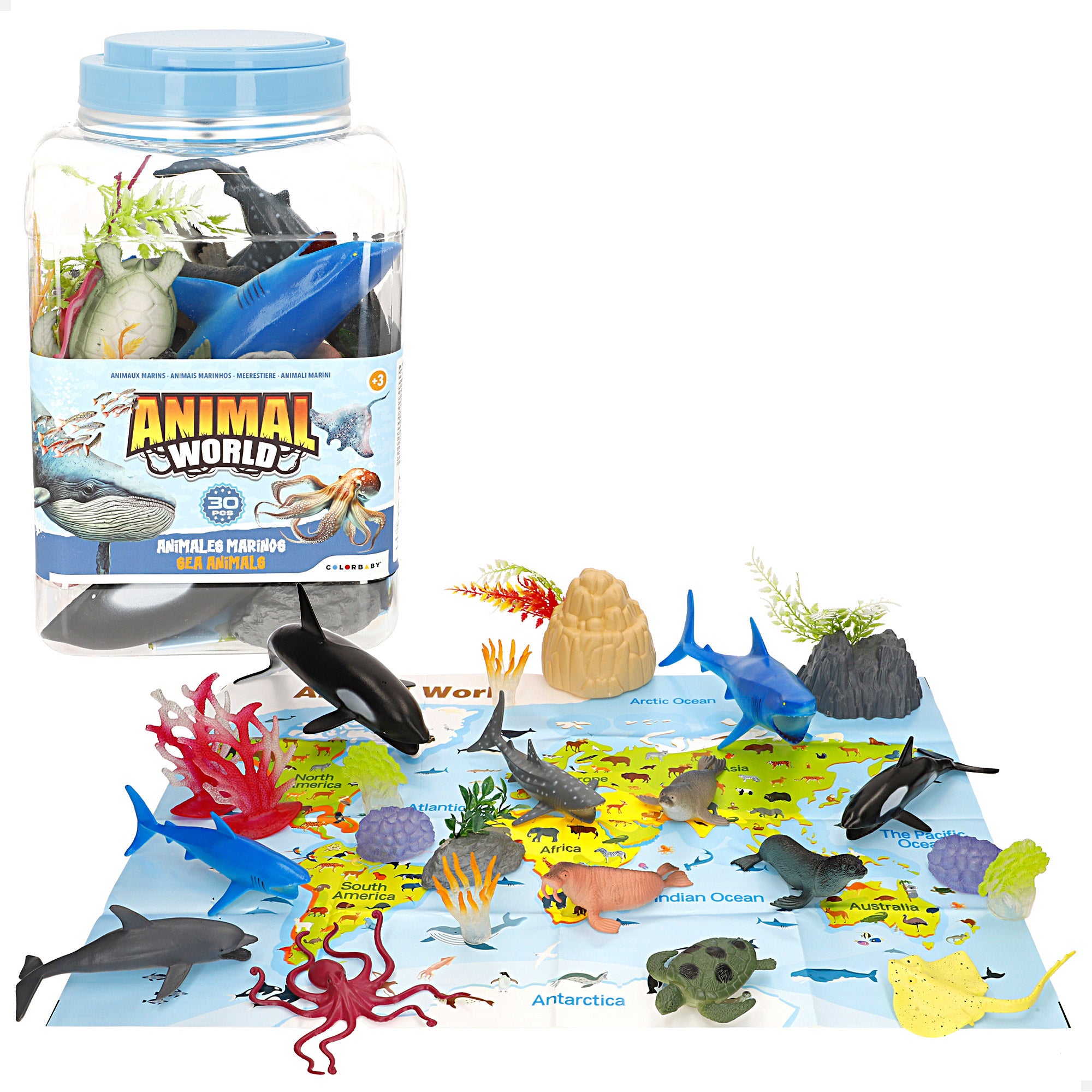 Conjunto de brinquedo com 30 peças de animais marinhos, incluindo tapete e acessórios. Mundo Animal.