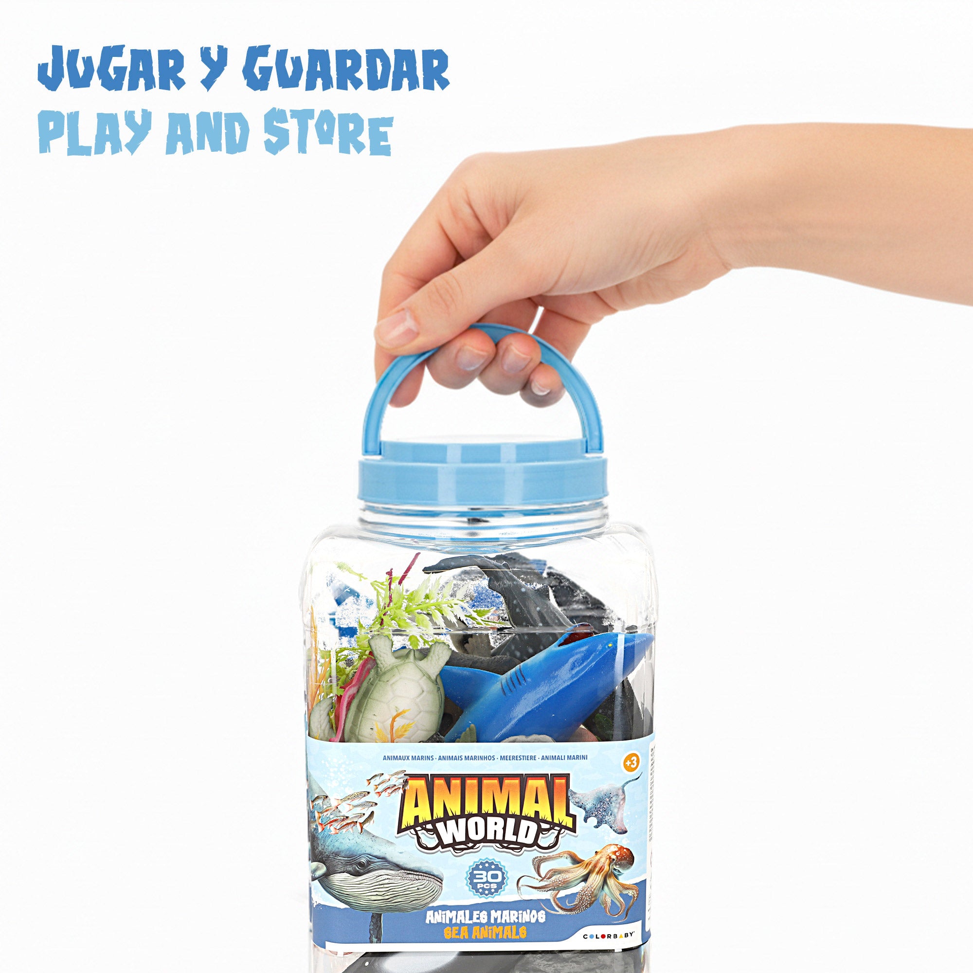 Conjunto de brinquedo com 30 peças de animais marinhos, incluindo tapete e acessórios. Mundo Animal.