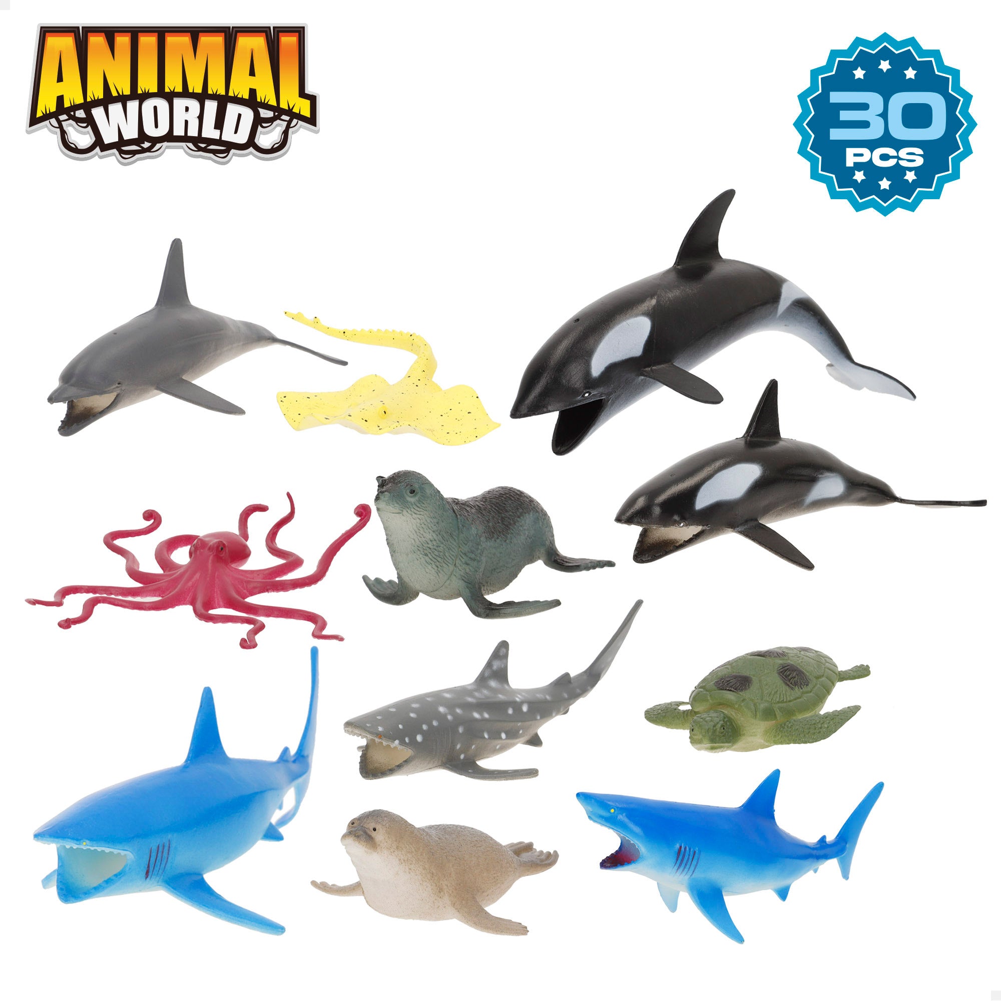 Conjunto de brinquedo com 30 peças de animais marinhos, incluindo tapete e acessórios. Mundo Animal.