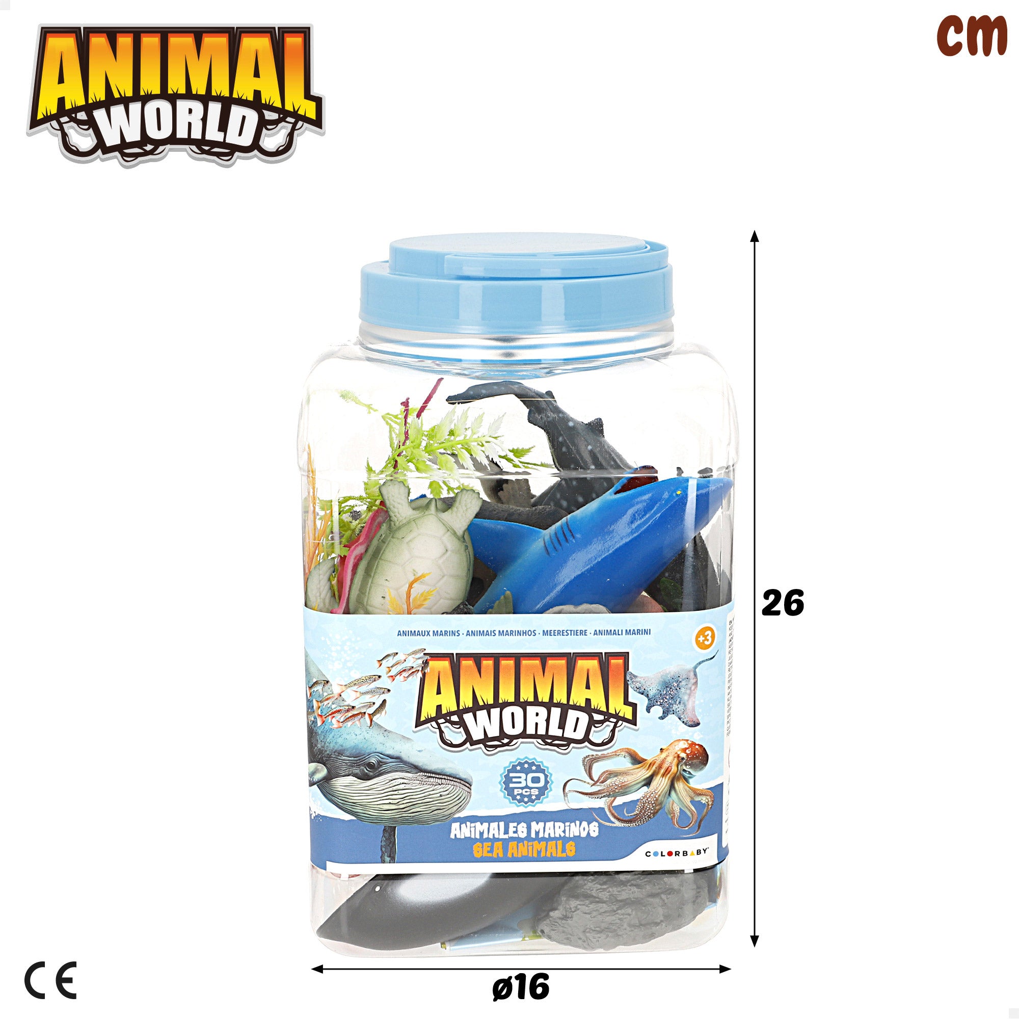 Conjunto de brinquedo com 30 peças de animais marinhos, incluindo tapete e acessórios. Mundo Animal.