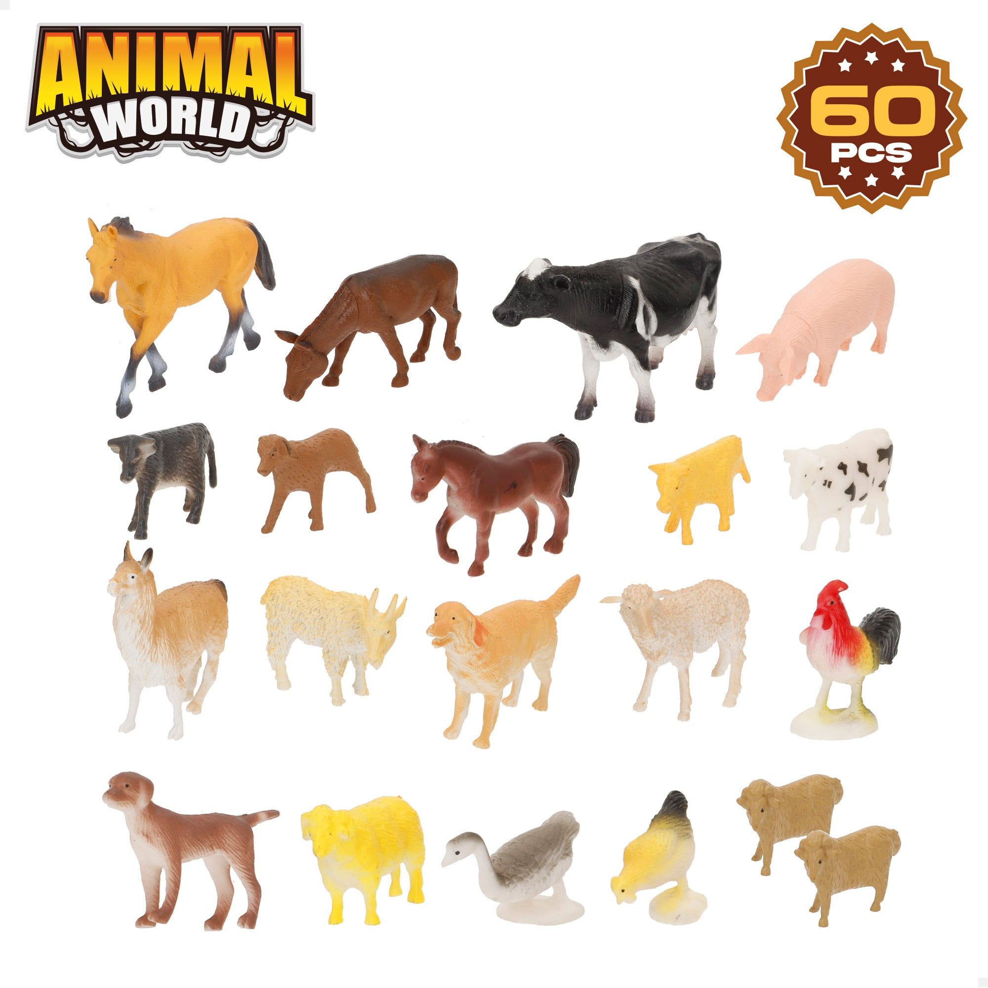 Conjunto de animais da quinta com tapete e acessórios, 60 peças. Mundo Animal.