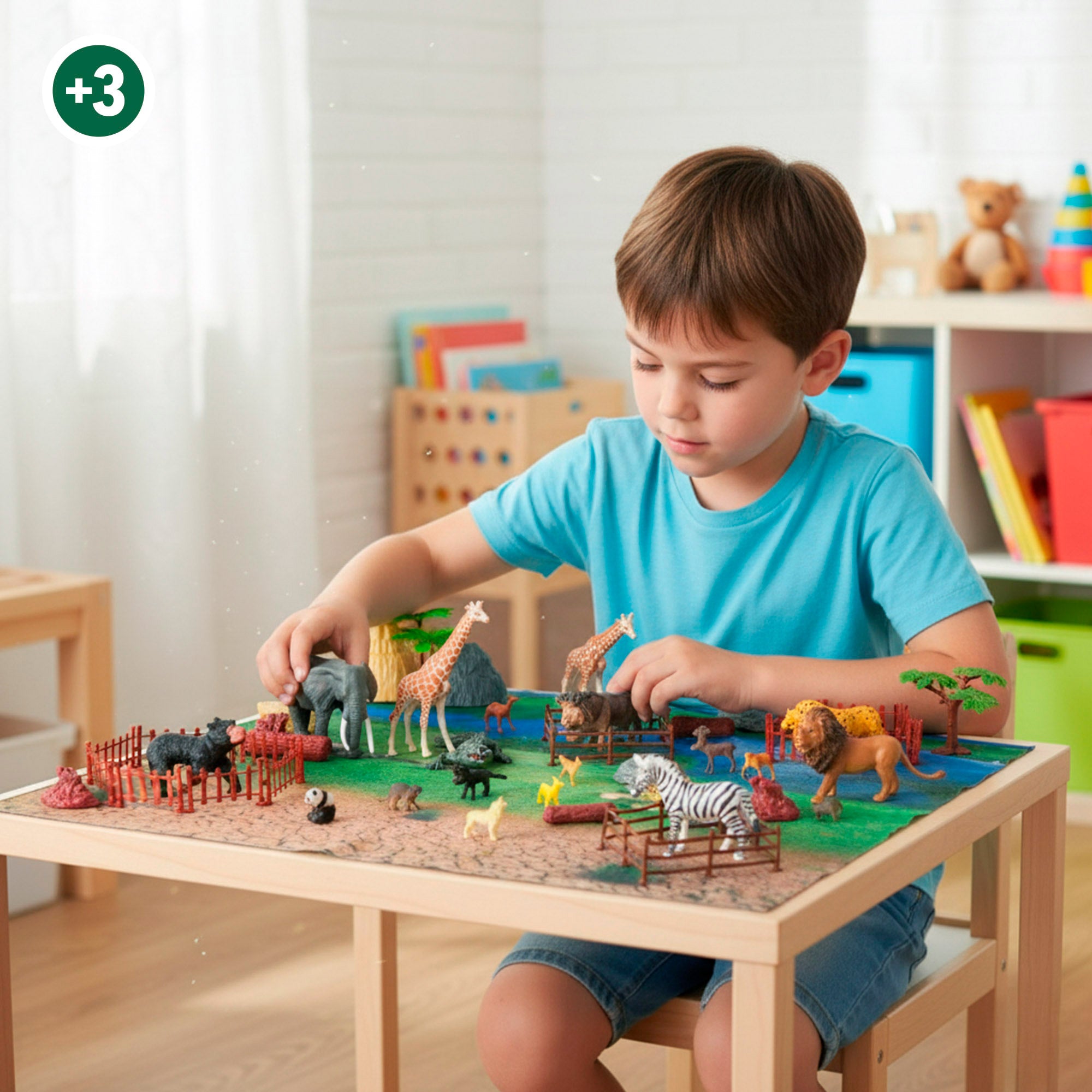 Conjunto de brinquedos com animais selvagens, tapete e acessórios, 60 peças. Mundo Animal.