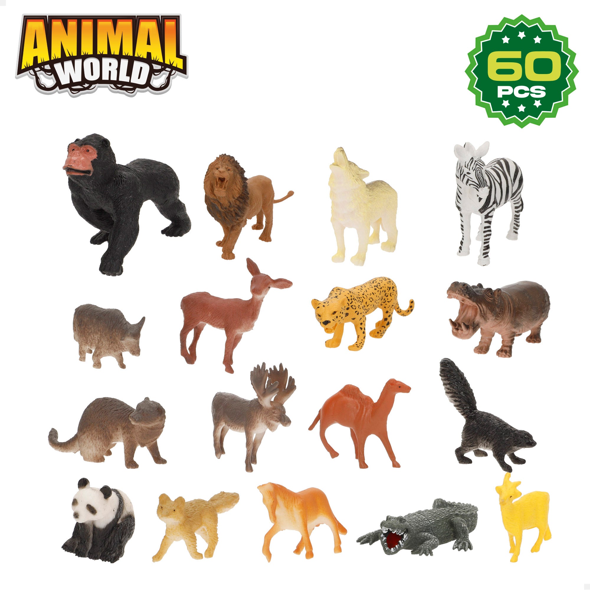 Conjunto de brinquedos com animais selvagens, tapete e acessórios, 60 peças. Mundo Animal.