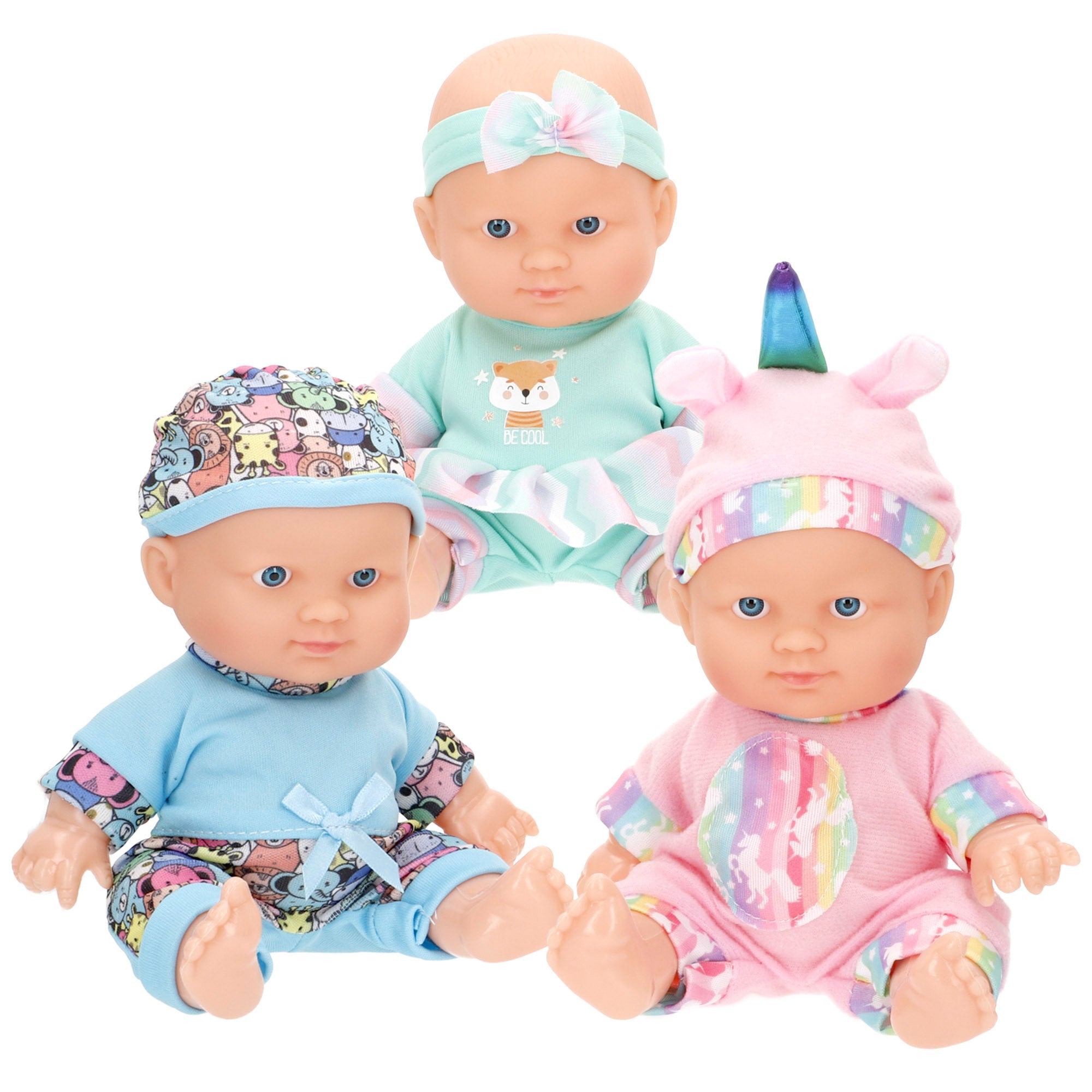 Conjunto de 3 bonecas bebés de 20 cm com roupa Colorbaby's