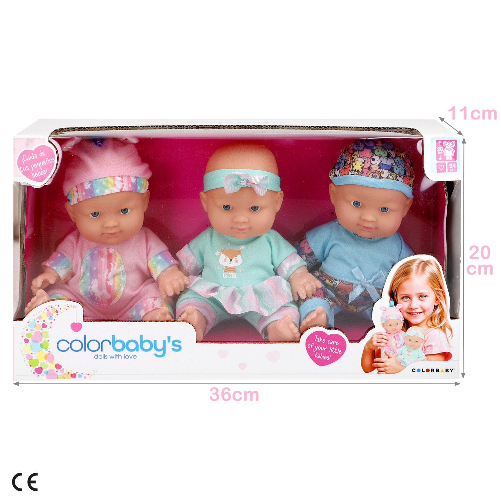 Conjunto de 3 bonecas bebés de 20 cm com roupa Colorbaby's