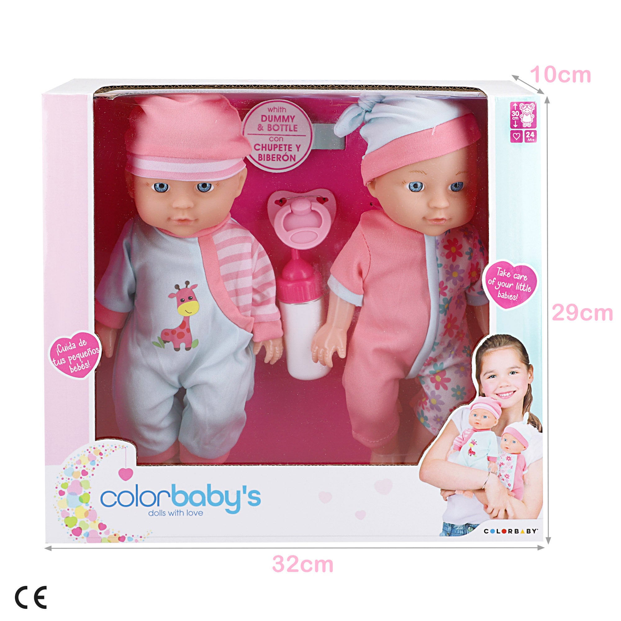 Conjunto de 2 bonecas bebés de 30 cm com acessórios Colorbaby's