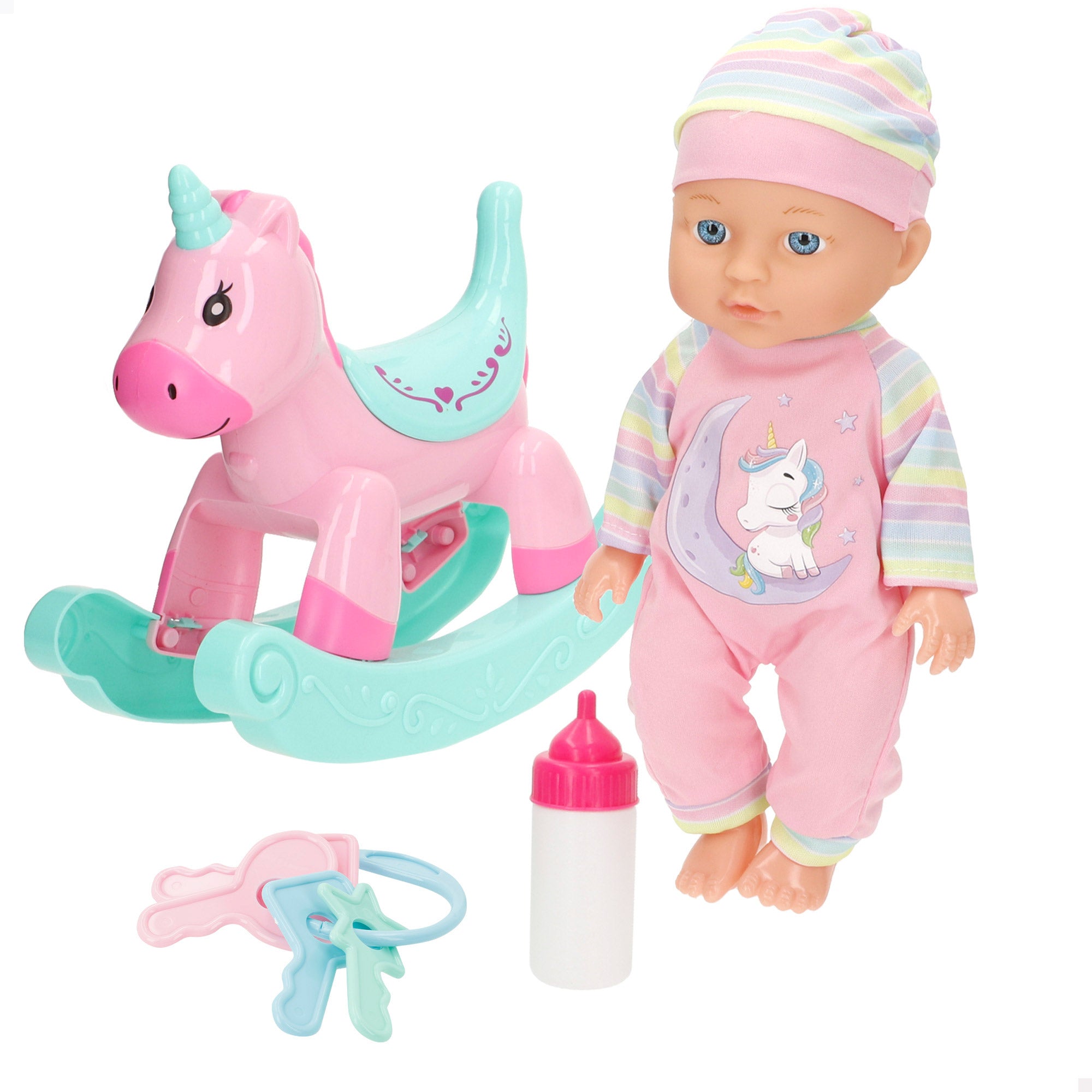 Boneca bebé de 30 cm com cavalinho de baloiço e acessórios da Colorbaby's