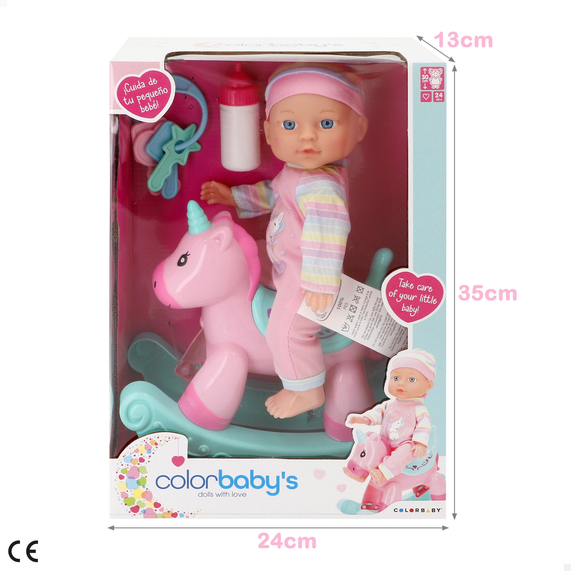 Boneca bebé de 30 cm com cavalinho de baloiço e acessórios da Colorbaby's
