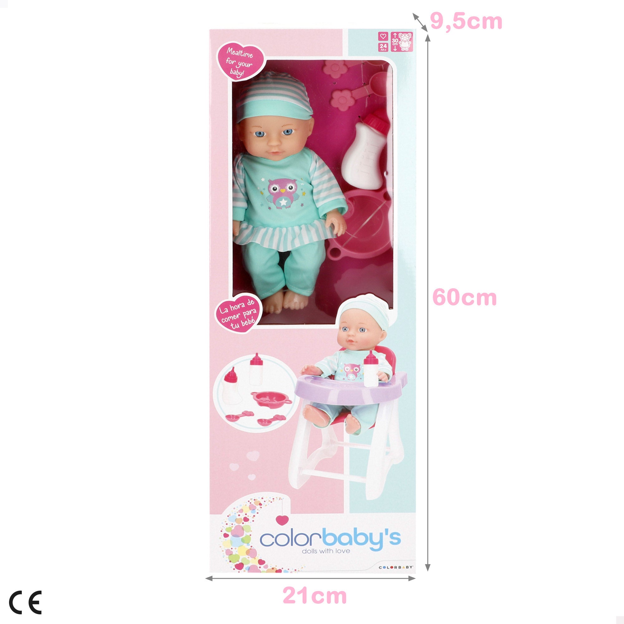 Boneca bebé de 30 cm com cadeirão e acessórios da Colorbaby's