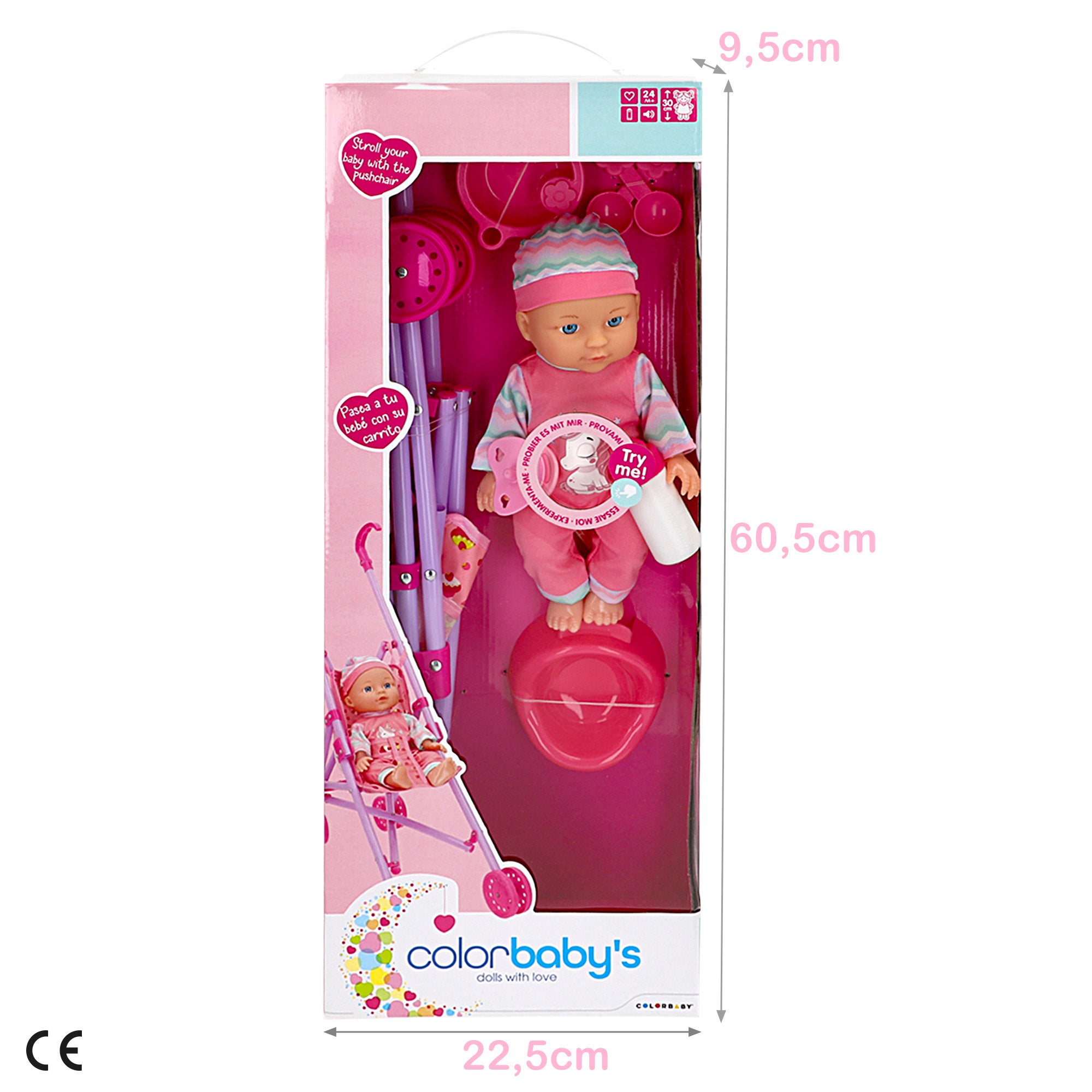 Boneca bebé falante com carrinho dobrável e acessórios da Colorbaby's