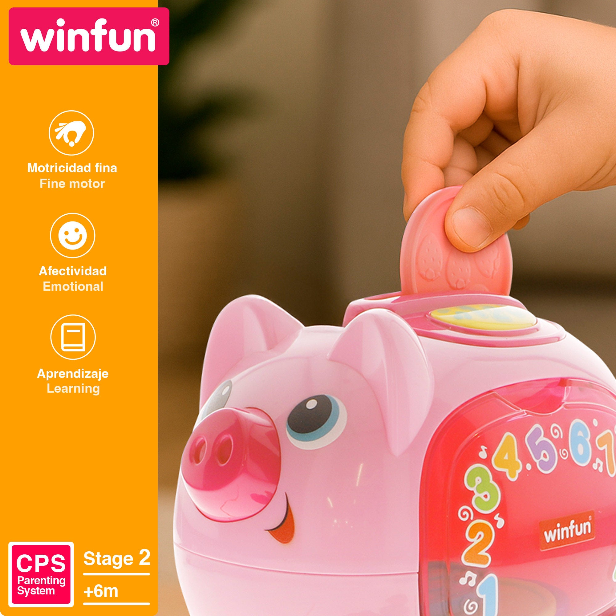 Mealheiro de brincar Winfun com luzes, sons e frases em espanhol e inglês.