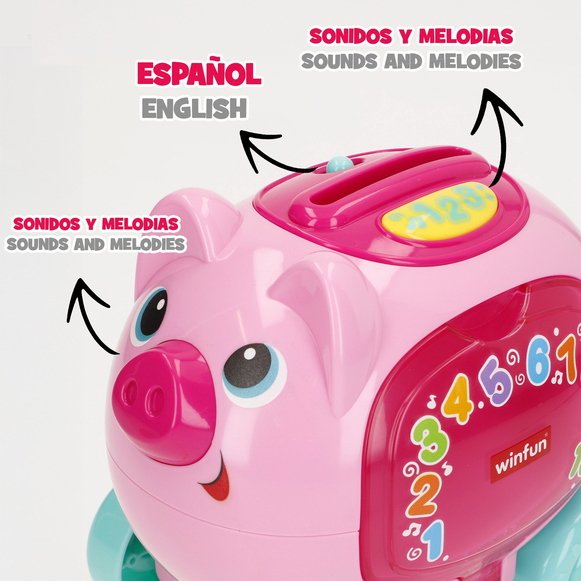 Mealheiro de brincar Winfun com luzes, sons e frases em espanhol e inglês.