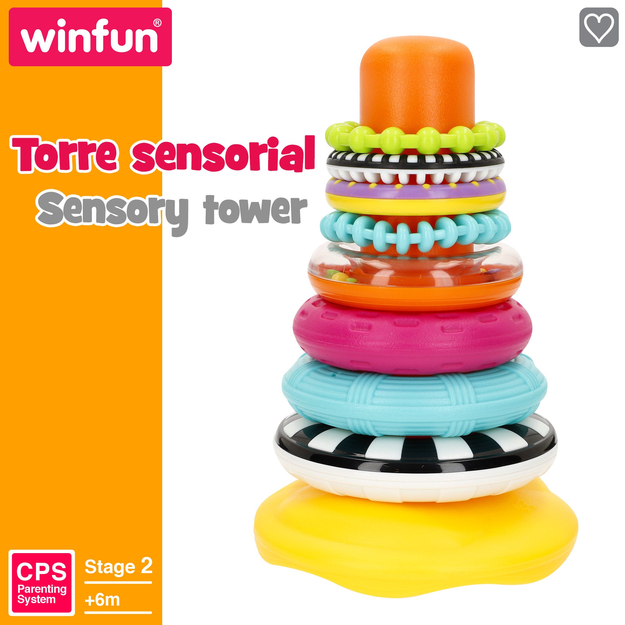 Torre de empilhar Winfun para bebé com base oscilante e 8 anéis.