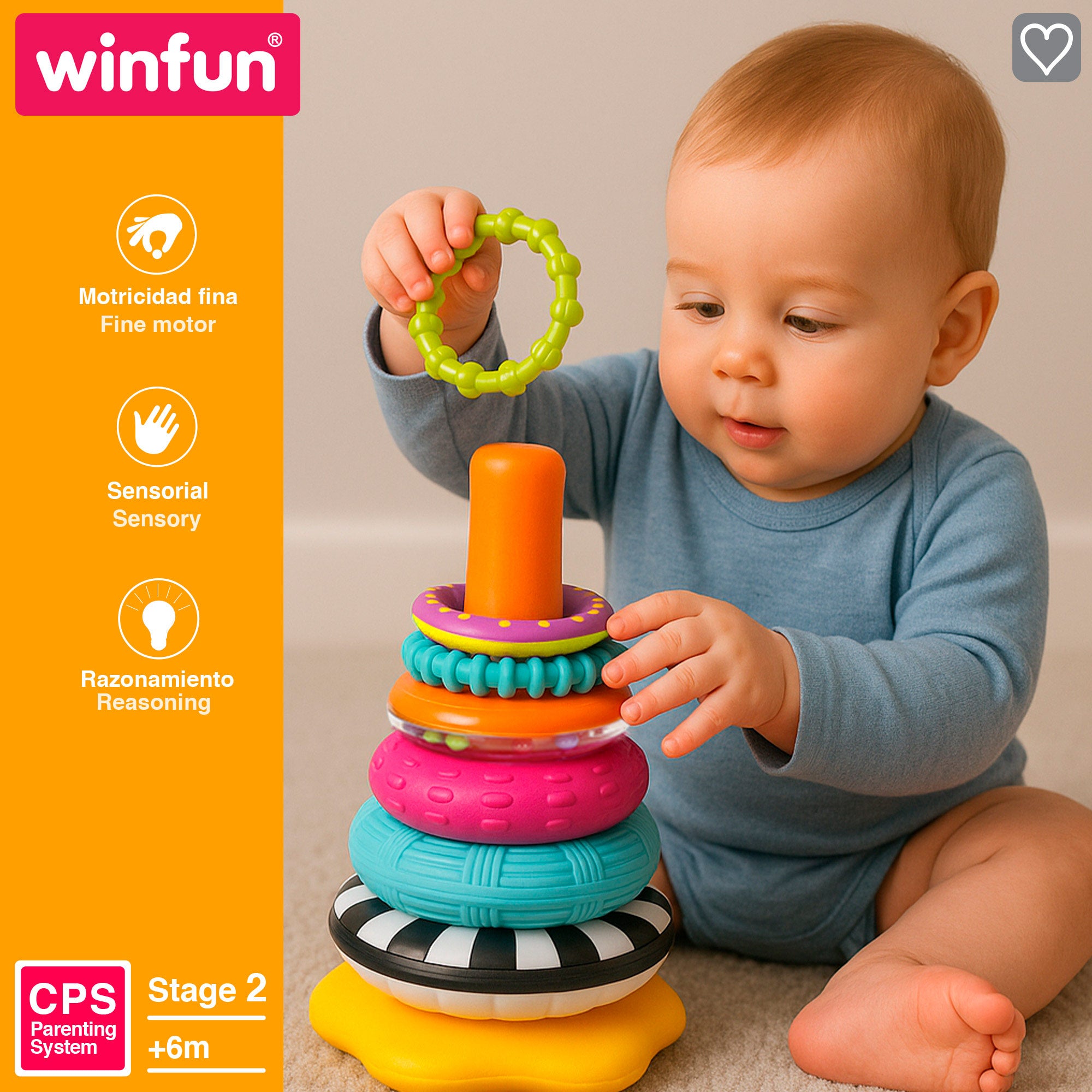 Torre de empilhar Winfun para bebé com base oscilante e 8 anéis.