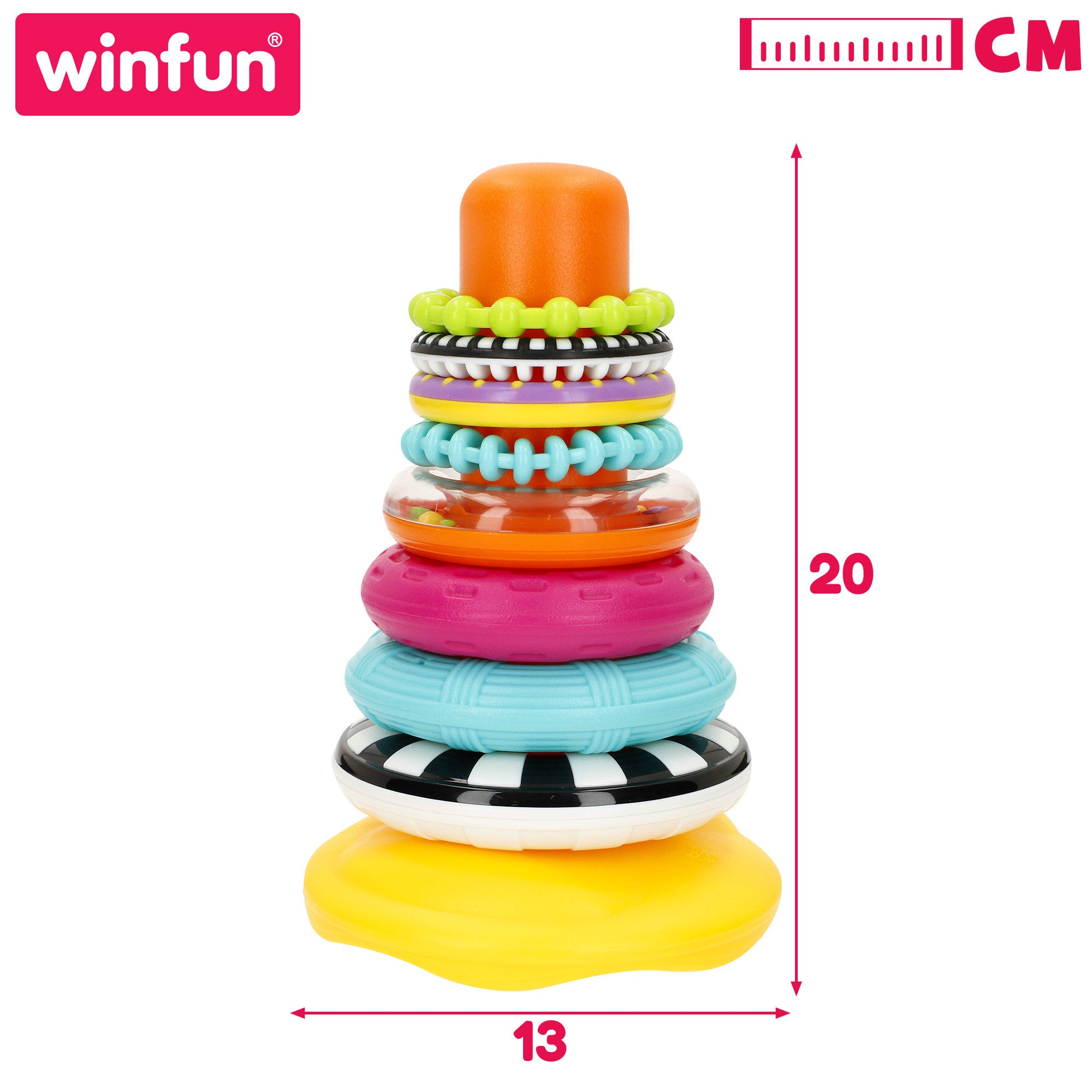 Torre de empilhar Winfun para bebé com base oscilante e 8 anéis.