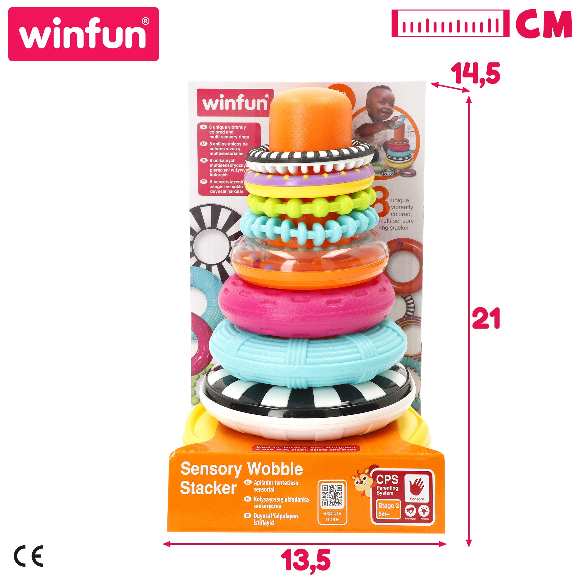 Torre de empilhar Winfun para bebé com base oscilante e 8 anéis.