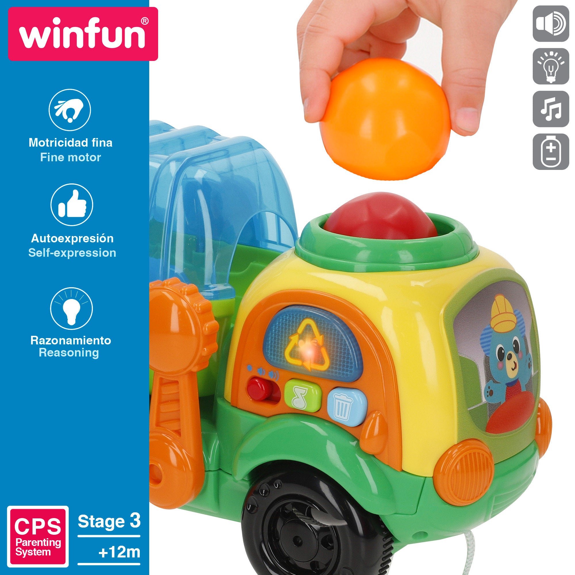 Camião de reciclagem de puxar Winfun com luzes, frases e sons.