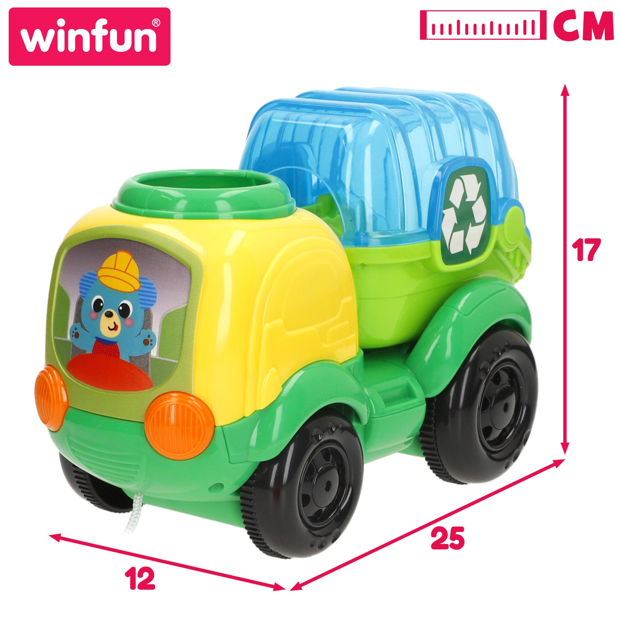 Camião de reciclagem de puxar Winfun com luzes, frases e sons.