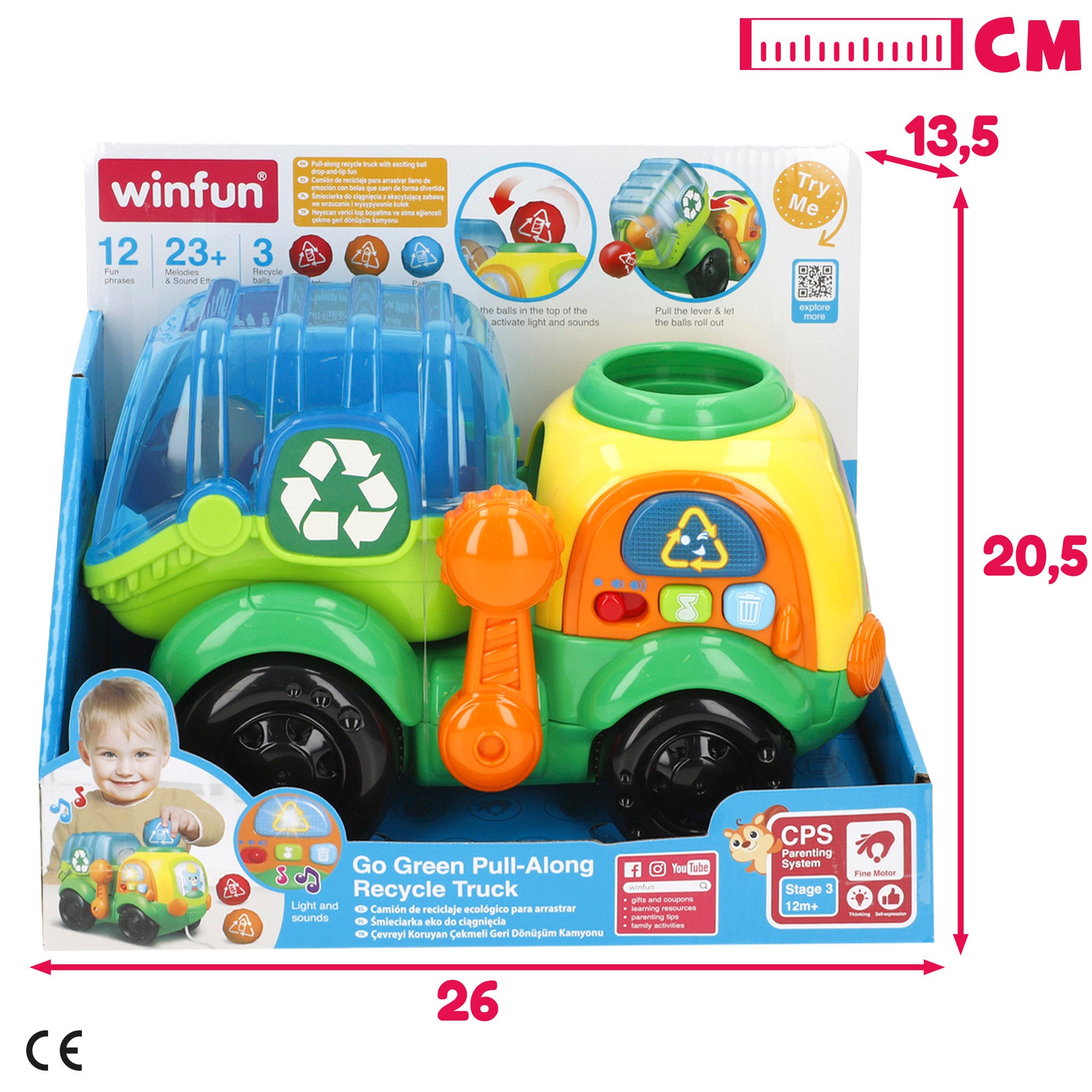 Camião de reciclagem de puxar Winfun com luzes, frases e sons.